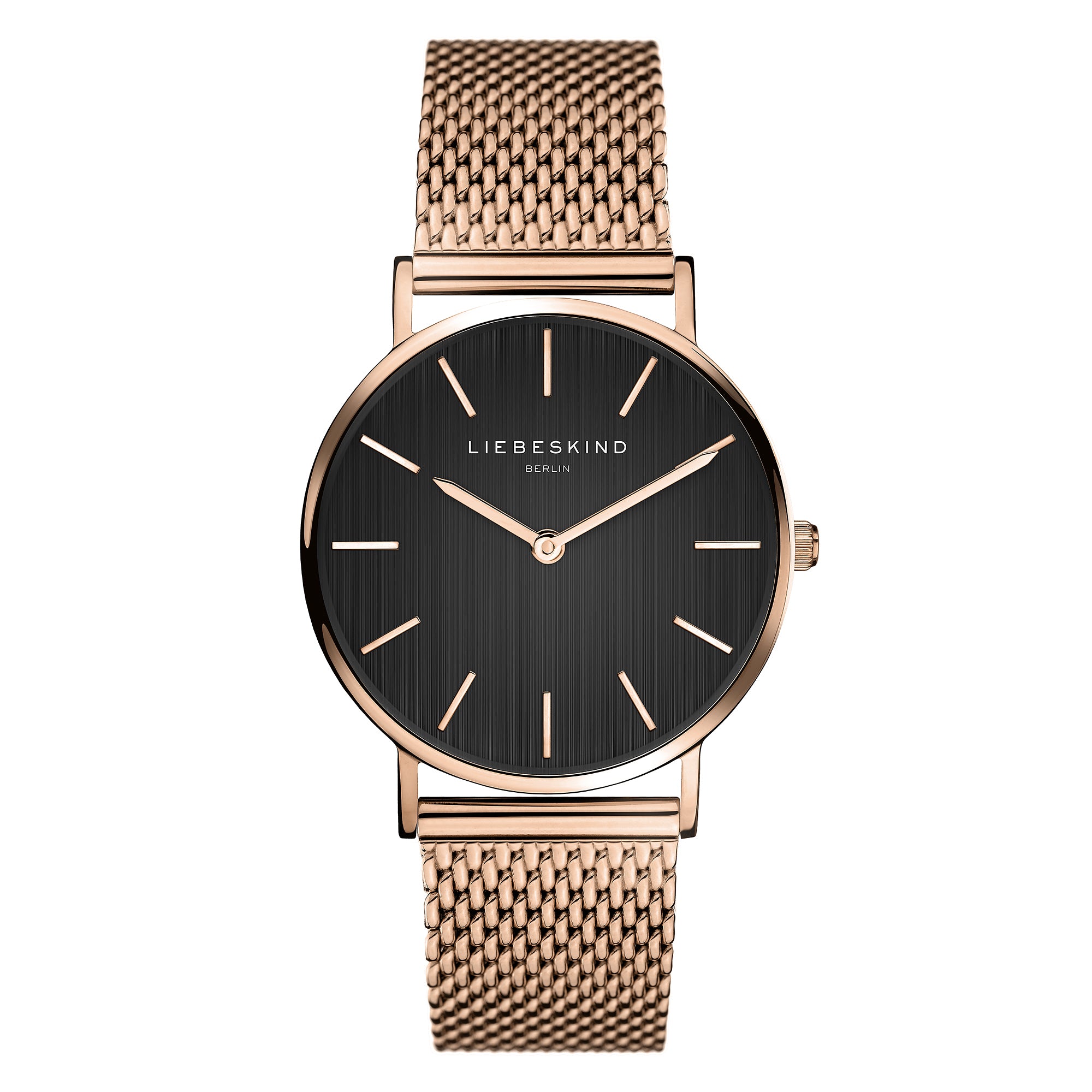 Liebeskind Berlin Armbanduhr mit schwarzem Zifferblatt, roségoldenen Indizes, roségoldenem Gehäuse und roségoldenem Meshband; Produktbild