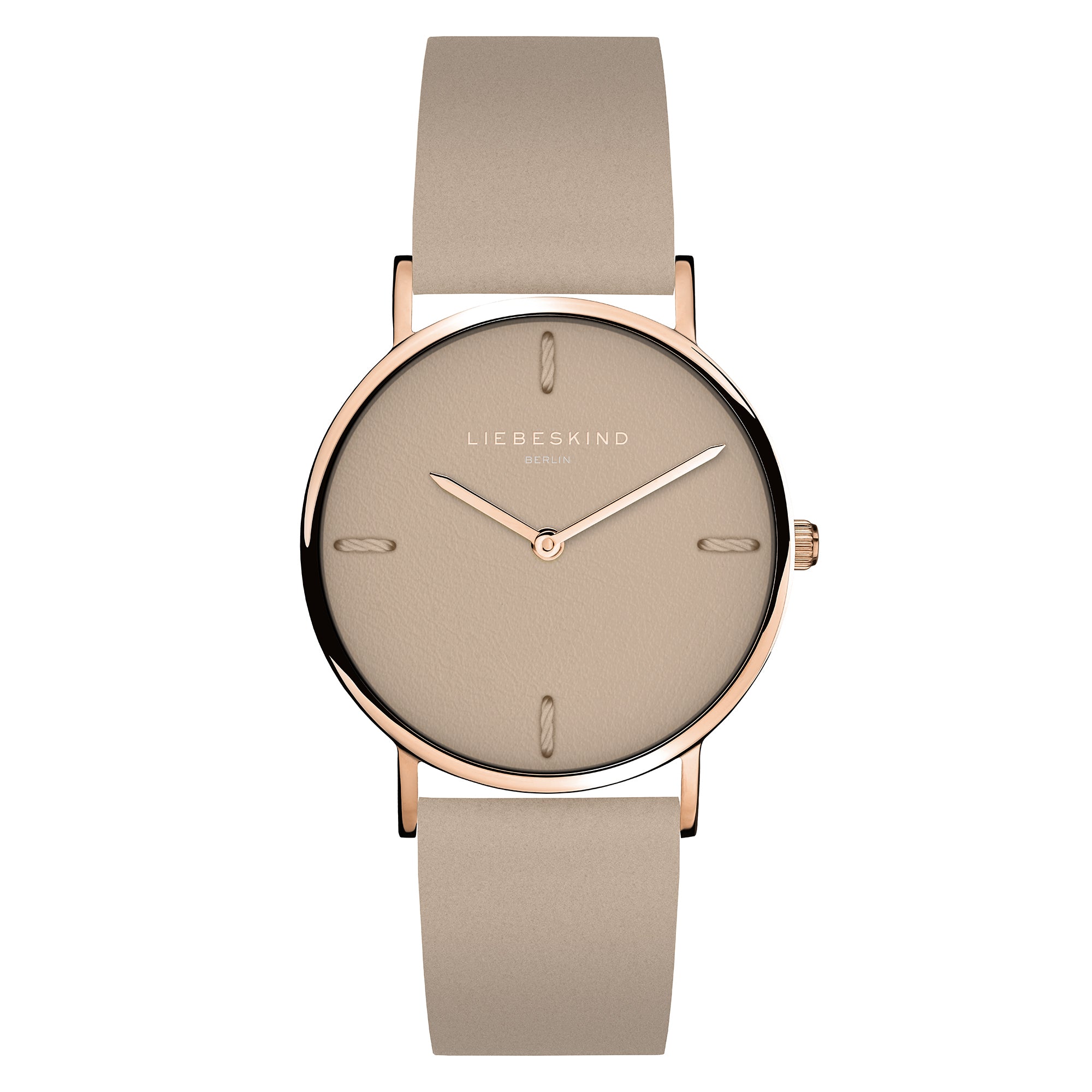 Liebeskind Berlin Armbanduhr mit beigem Zifferblatt aus Leder und vier Nähten als Indizes, roségoldenen Zeigern, roségoldenem Gehäuse und grauem Lederband; Produktbild