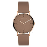 Liebeskind Berlin Armbanduhr mit braunem Ziffernblatt aus Leder, roségoldenem Gehäuse und braunem Lederband Produktbild