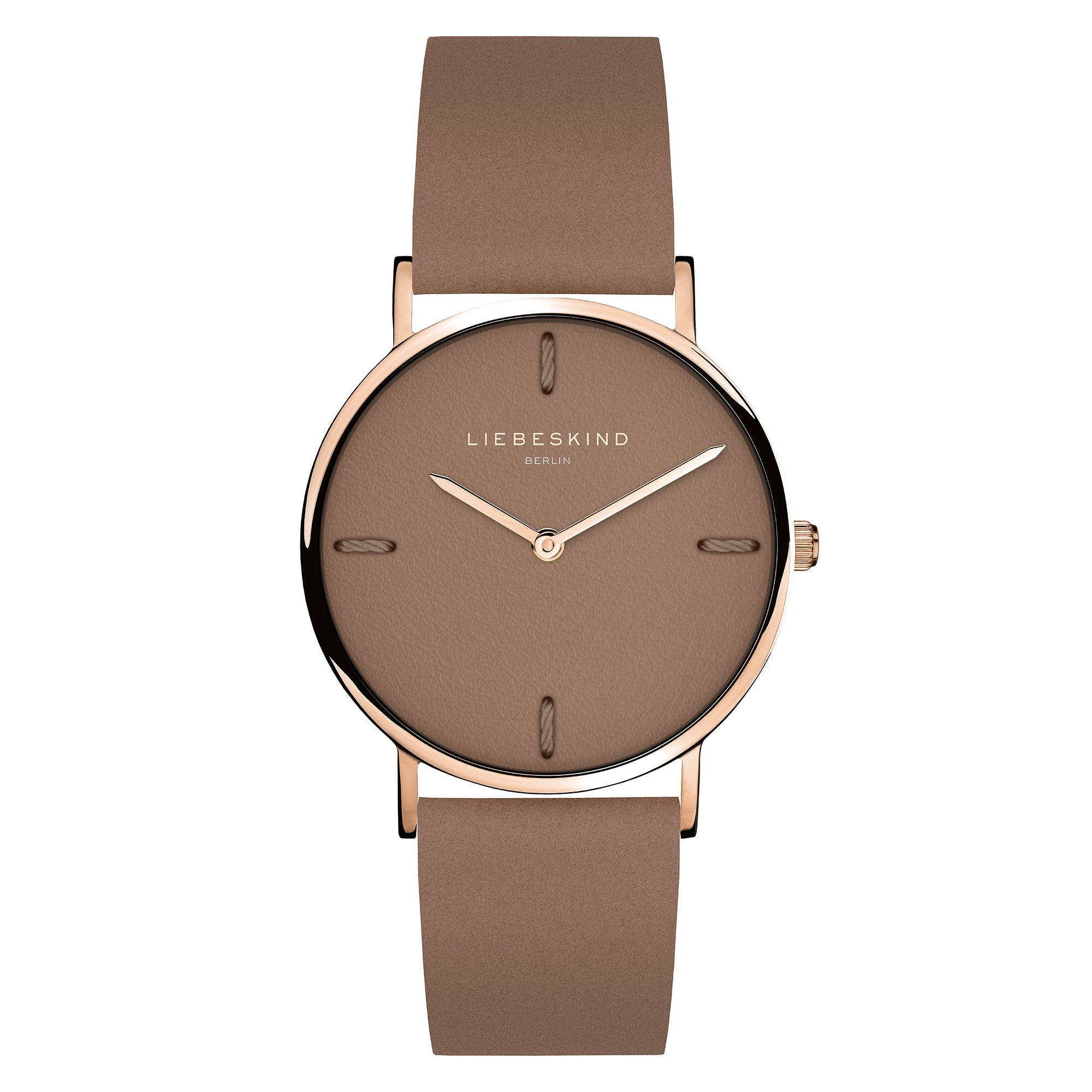 Liebeskind Berlin Armbanduhr mit braunem Ziffernblatt aus Leder, roségoldenem Gehäuse und braunem Lederband Produktbild