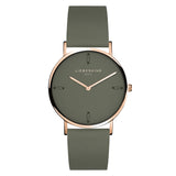 Liebeskind Berlin Armbanduhr mit grauem Zifferblatt aus Leder und vier Nähten als Indizes, roségoldenen Zeigern, roségoldenem Gehäuse und grauem Lederband; Produktbild