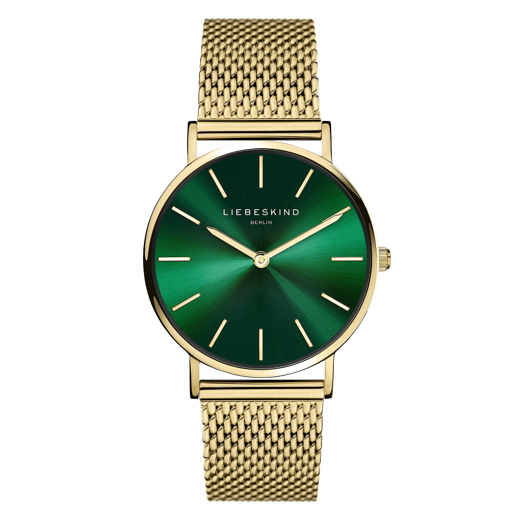 Die LIEBESKIND BERLIN Armbanduhr - The Colored Scandinavian überzeugt mit goldenem Edelstahl-Mesh-Armband, grünem Zifferblatt und goldenen Stundenmarkern im eleganten skandinavischen Design von Liebeskind Berlin.