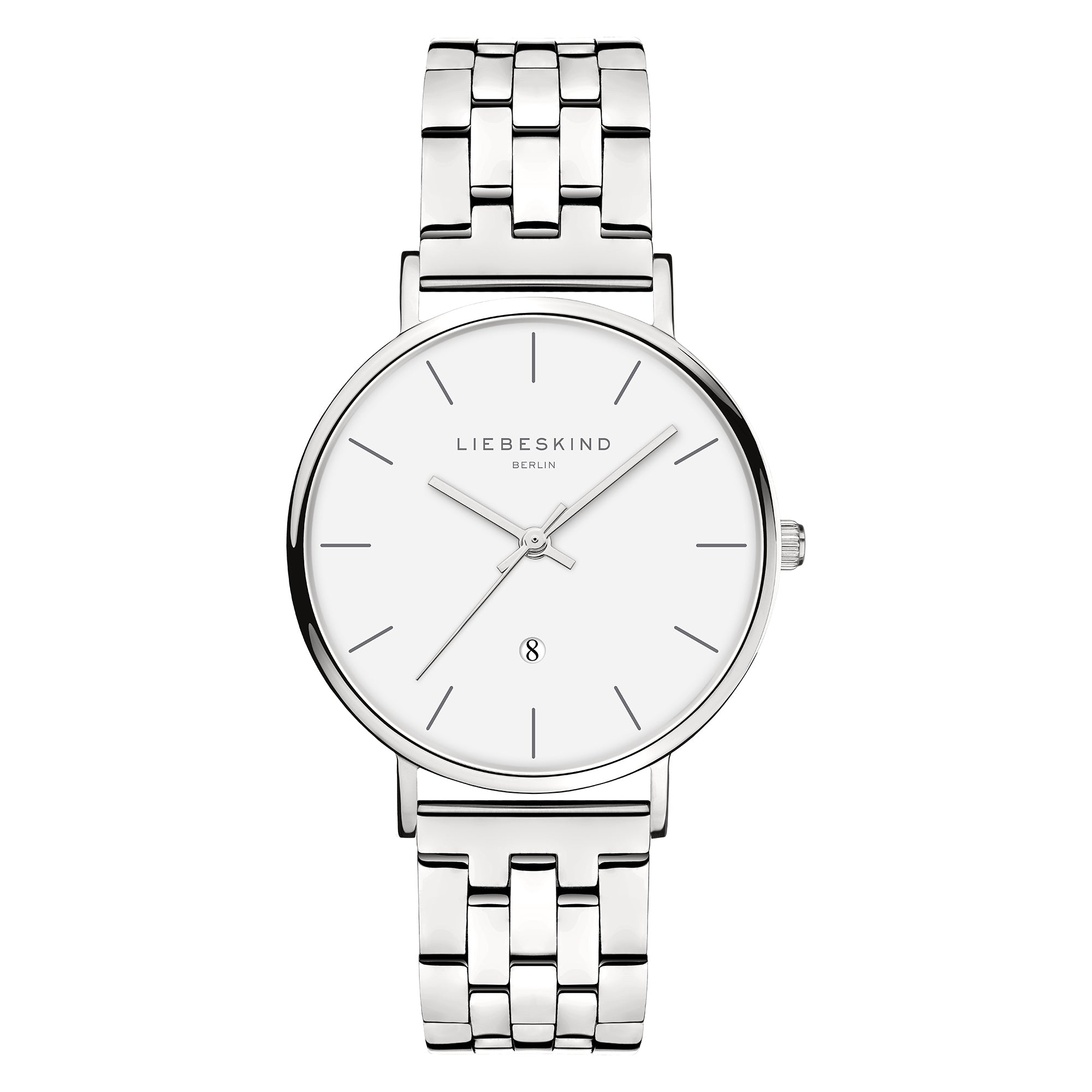 Liebeskind Berlin Armbanduhr mit Datumsanzeige, silbernem Gehäuse und silbernem Edelstahlband; Produktbild