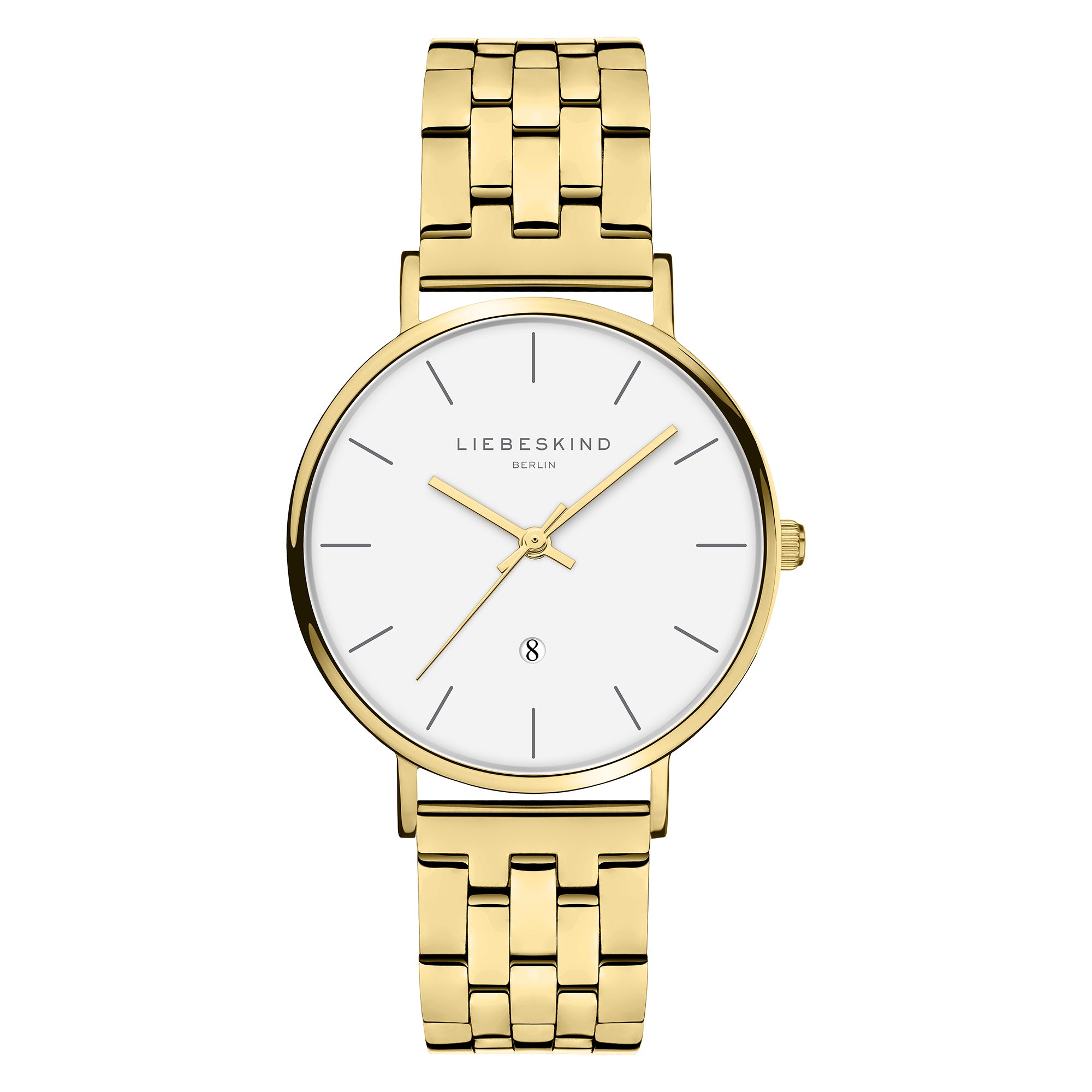 Liebeskind Berlin Armbanduhr mit Datumsanzeige, goldenem Gehäuse und goldenem Edelstahlband; Produktbild