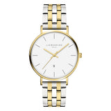 Liebeskind Berlin Armbanduhr mit Datumsanzeige, goldenem Gehäuse und silber-goldenem Edelstahlband; Produktbild
