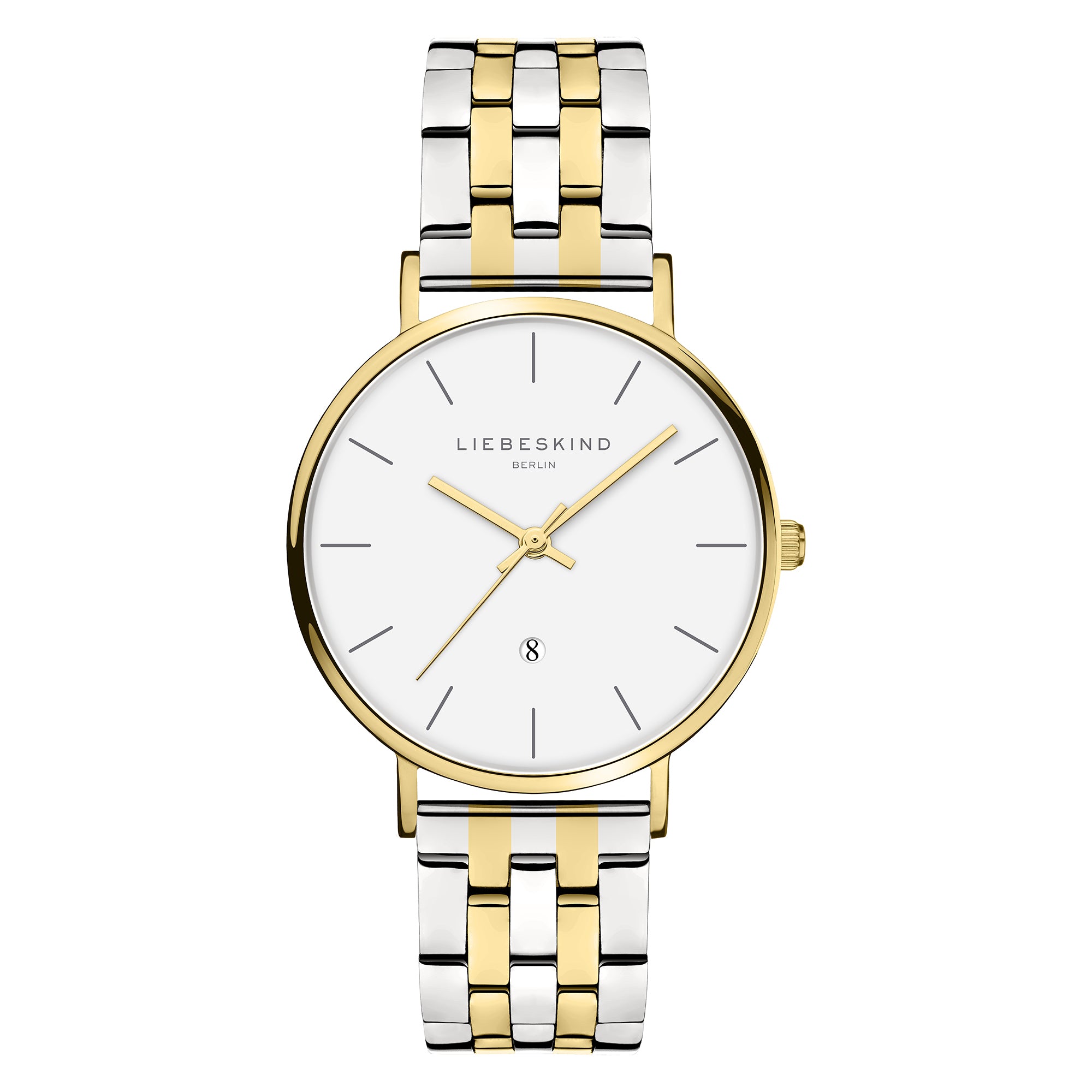Liebeskind Berlin Armbanduhr mit Datumsanzeige, goldenem Gehäuse und silber-goldenem Edelstahlband; Produktbild