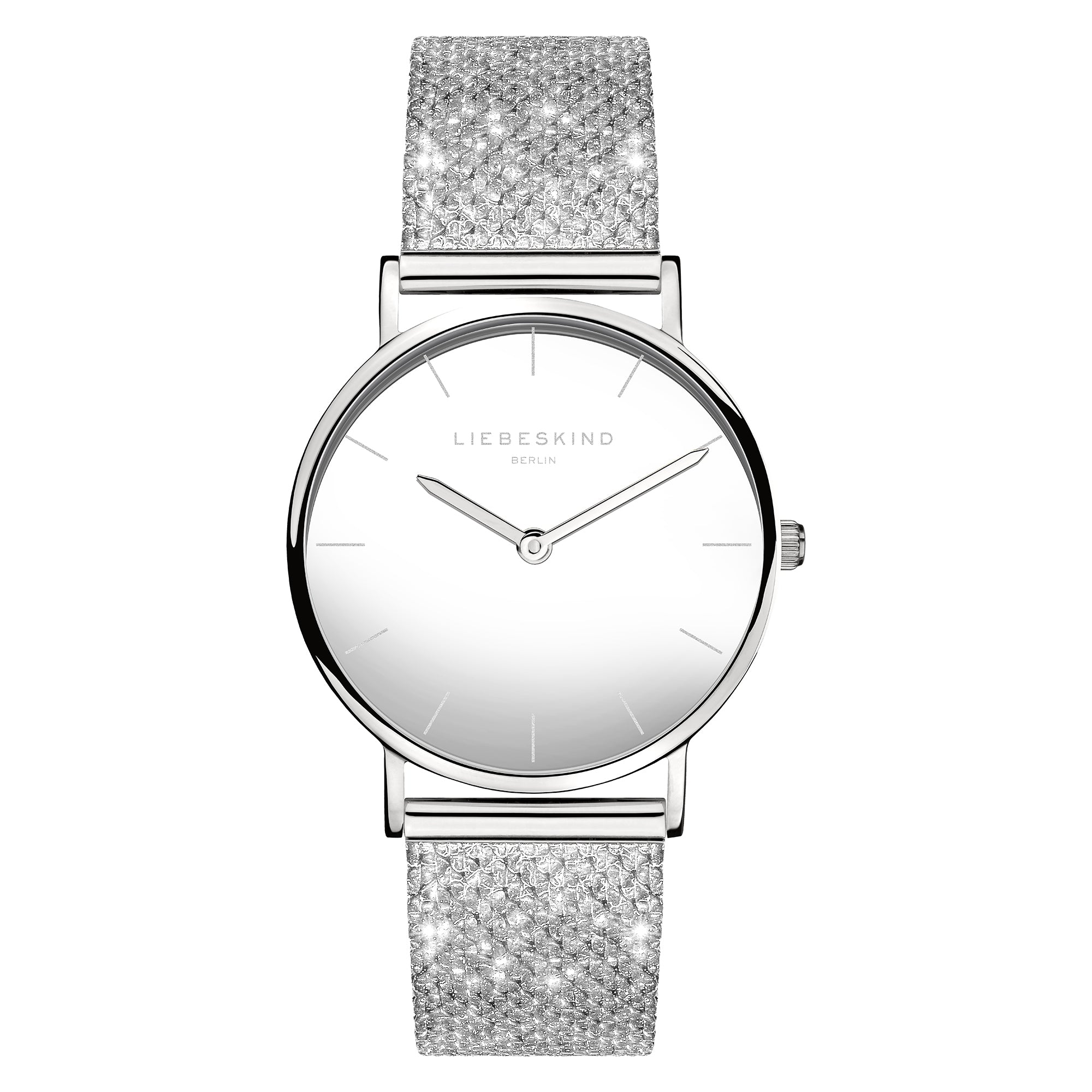 Liebeskind Berlin Armbanduhr mit silbernem Zifferblatt, silbernen Indizes, silbernem Gehäuse und silbernem, glitzerndem Meshband; Produktbild