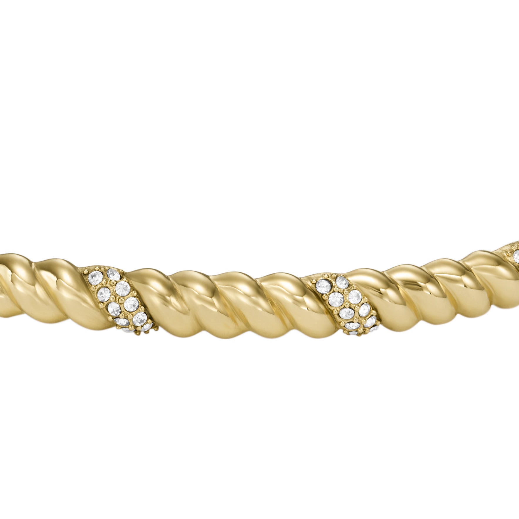 Fossil Armreif in gedrehter Struktur mit Glitzersteinakzenten in der Farbe gold Produktbild