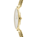 Liebeskind Berlin Armbanduhr mit Zirkoniadetails auf dem Zifferblatt, goldenen Indizes, goldenem Gehäuse und goldenem Meshband; Seitenansicht