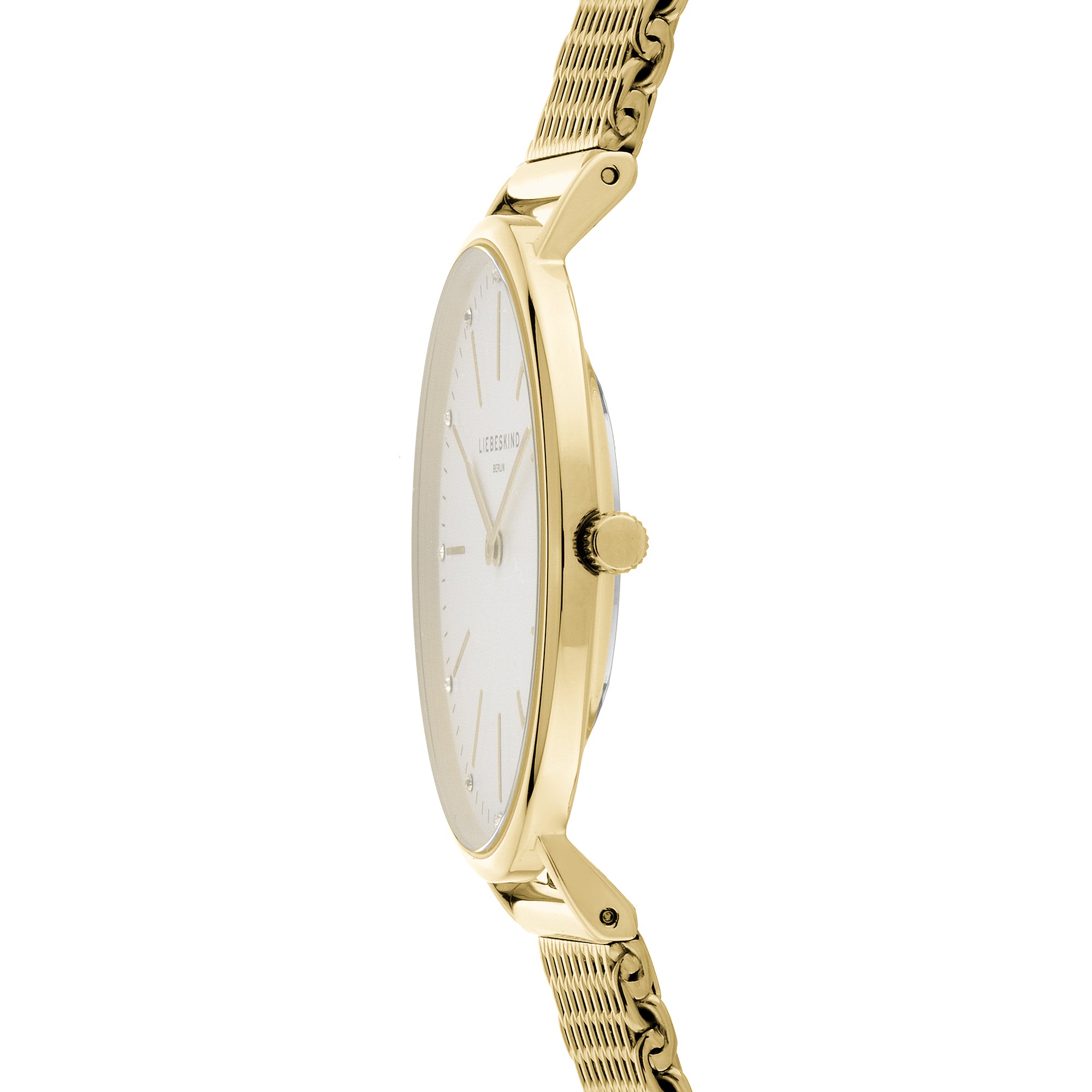 Liebeskind Berlin Armbanduhr mit Zirkoniadetails auf dem Zifferblatt, goldenen Indizes, goldenem Gehäuse und goldenem Meshband; Seitenansicht