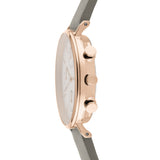 Liebeskind Berlin Armbanduhr mit Multifunktionswerk, roségoldenen Indizes, roségoldenem Gehäuse und grauem Lederband; Seitenansicht