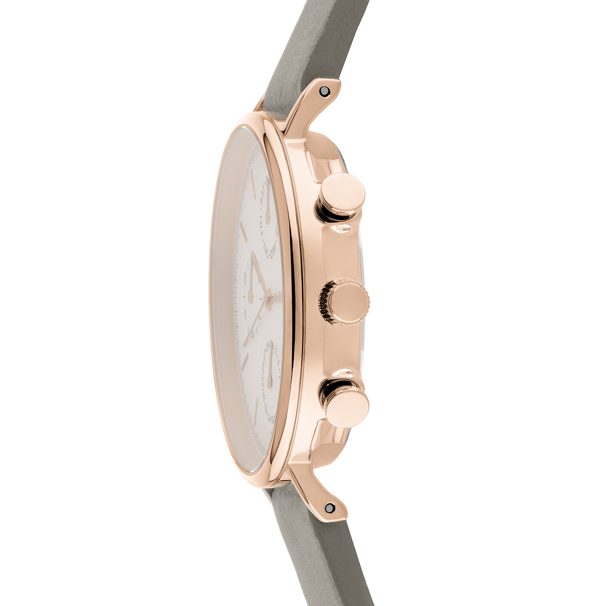 Liebeskind Berlin Armbanduhr mit Multifunktionswerk, roségoldenen Indizes, roségoldenem Gehäuse und grauem Lederband; Seitenansicht