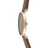 Liebeskind Berlin Armbanduhr mit braunem Ziffernblatt aus Leder, roségoldenem Gehäuse und braunem Lederband Seitenansicht