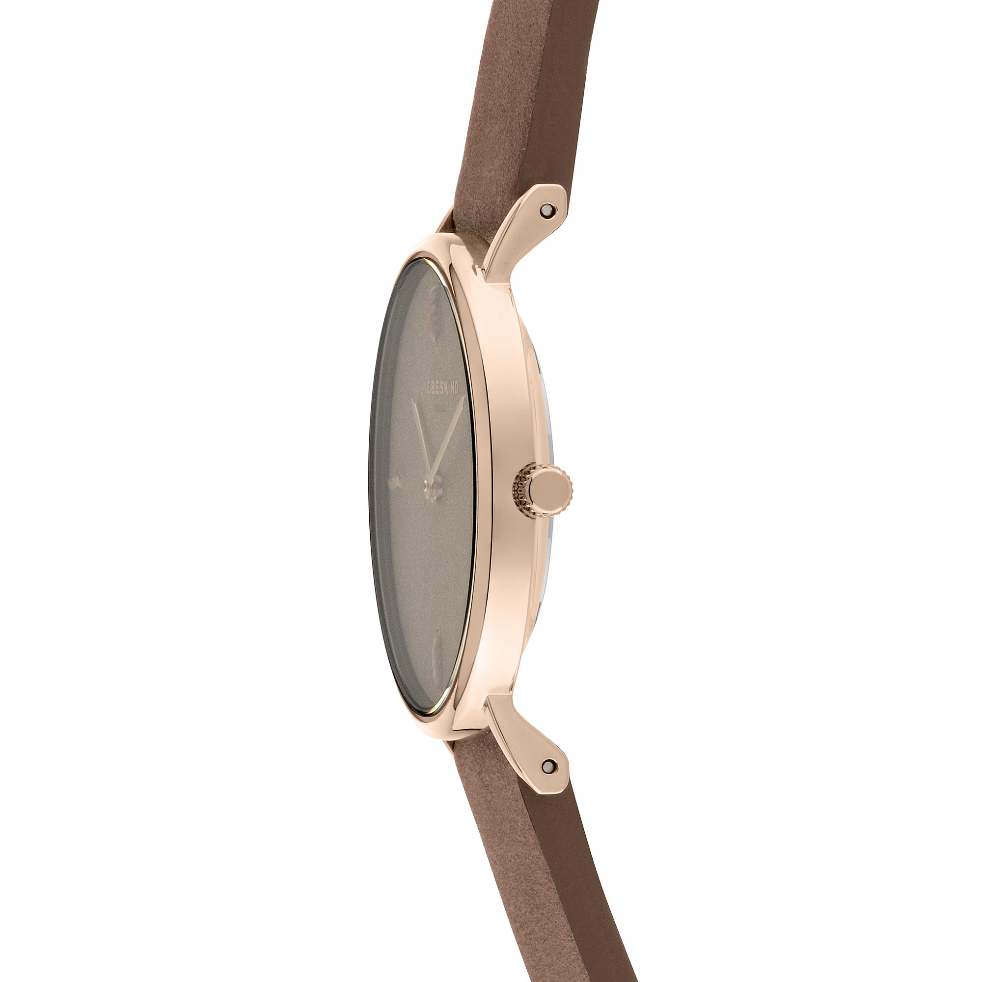 Liebeskind Berlin Armbanduhr mit braunem Ziffernblatt aus Leder, roségoldenem Gehäuse und braunem Lederband Seitenansicht