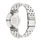 Liebeskind Berlin Armbanduhr mit Datumsanzeige, silbernem Gehäuse und silbernem Edelstahlband; Rückansicht