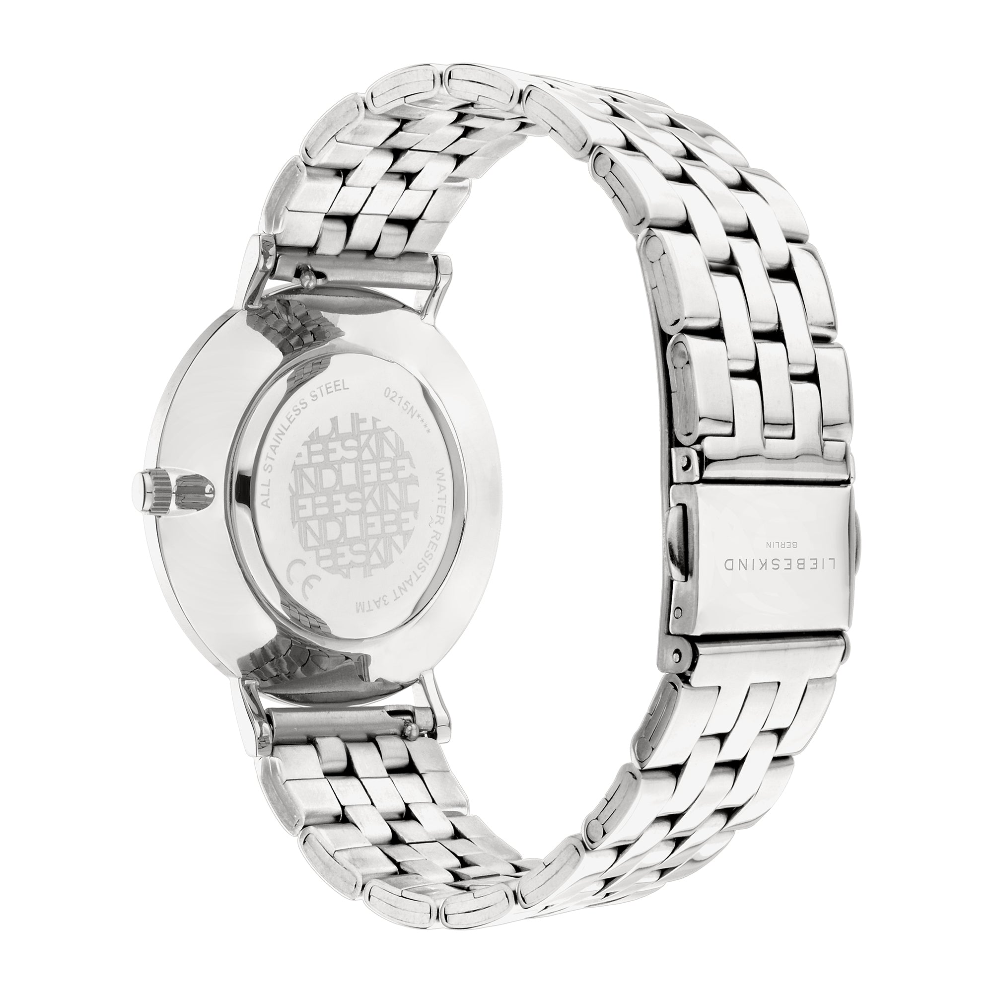 Liebeskind Berlin Armbanduhr mit Datumsanzeige, silbernem Gehäuse und silbernem Edelstahlband; Rückansicht