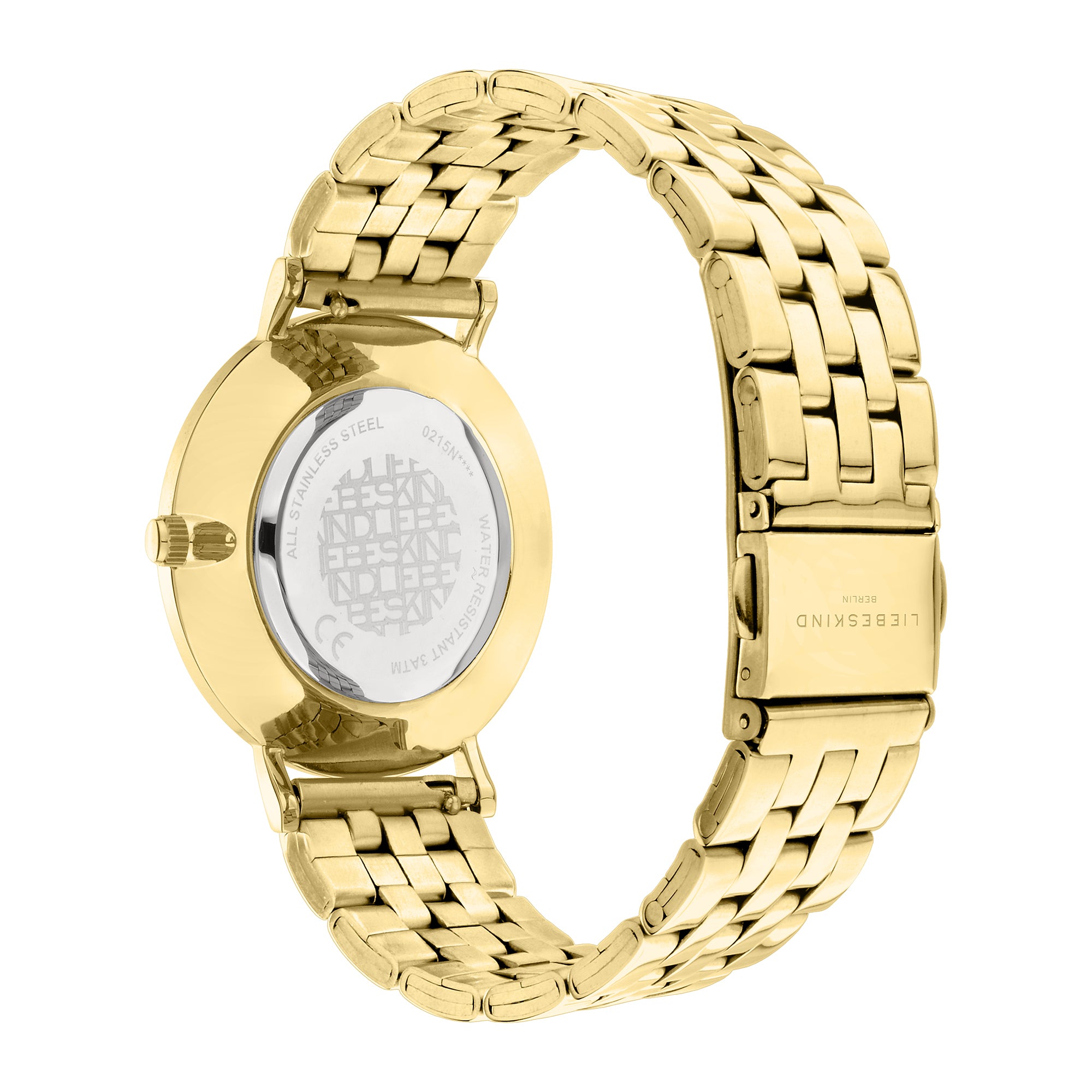 Liebeskind Berlin Armbanduhr mit Datumsanzeige, goldenem Gehäuse und goldenem Edelstahlband; Rückansicht
