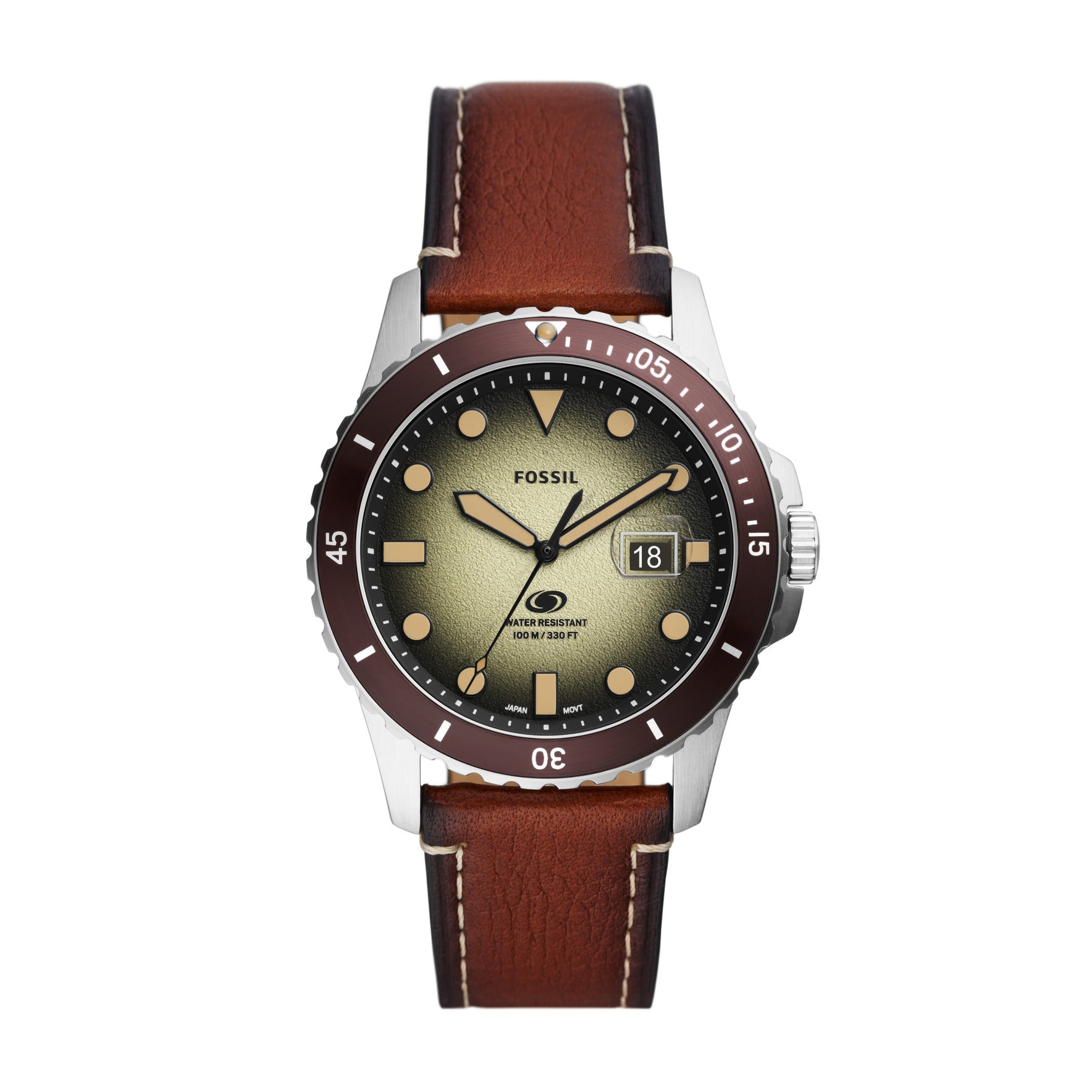Fossil Armbanduhr mit schwarz-gelbem Zifferblatt mit Datumsanzeige, silbernem Gehäuse mit brauner Lünette und braunem Lederband Produktbild