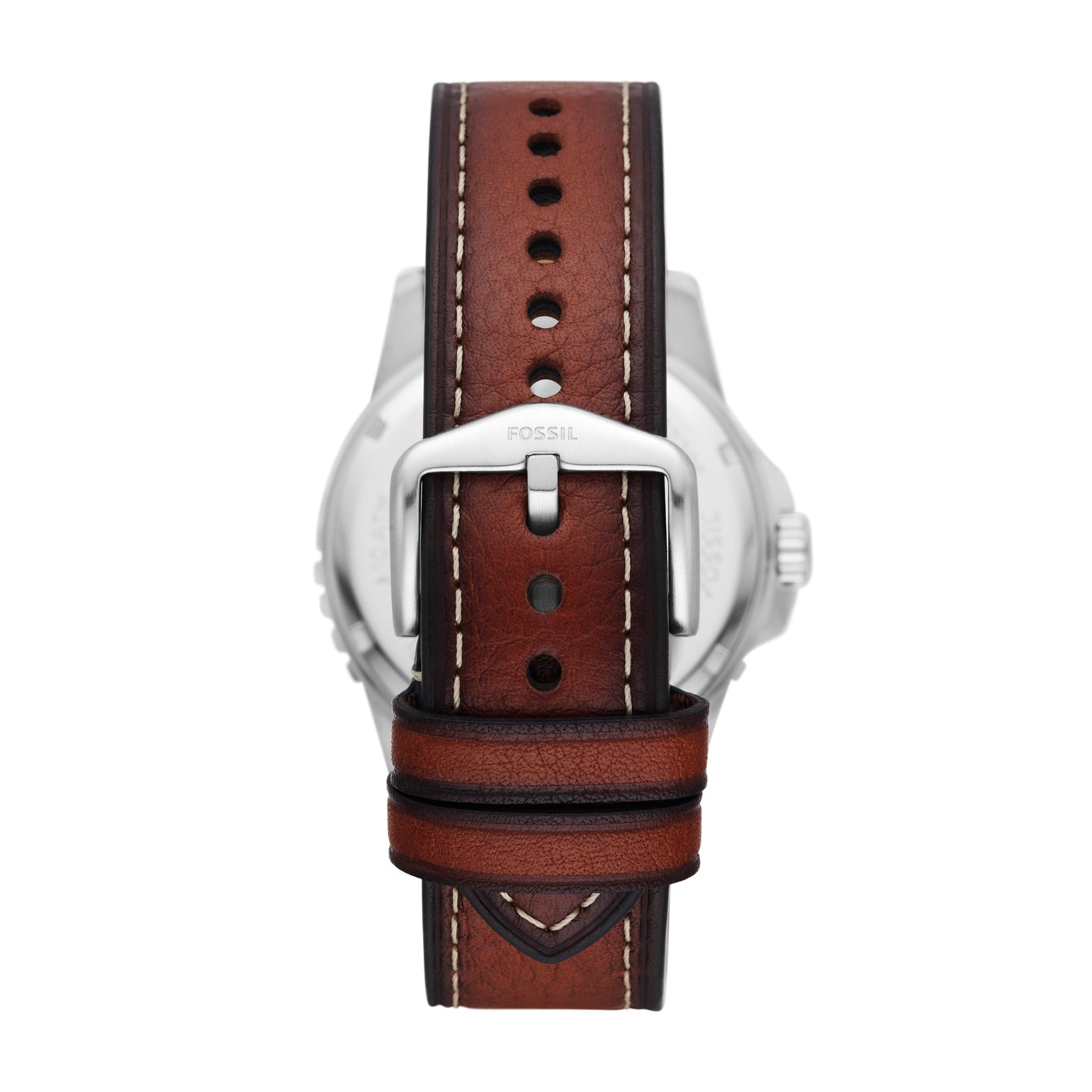 Fossil Armbanduhr mit schwarz-gelbem Zifferblatt mit Datumsanzeige, silbernem Gehäuse mit brauner Lünette und braunem Lederband Rückansicht