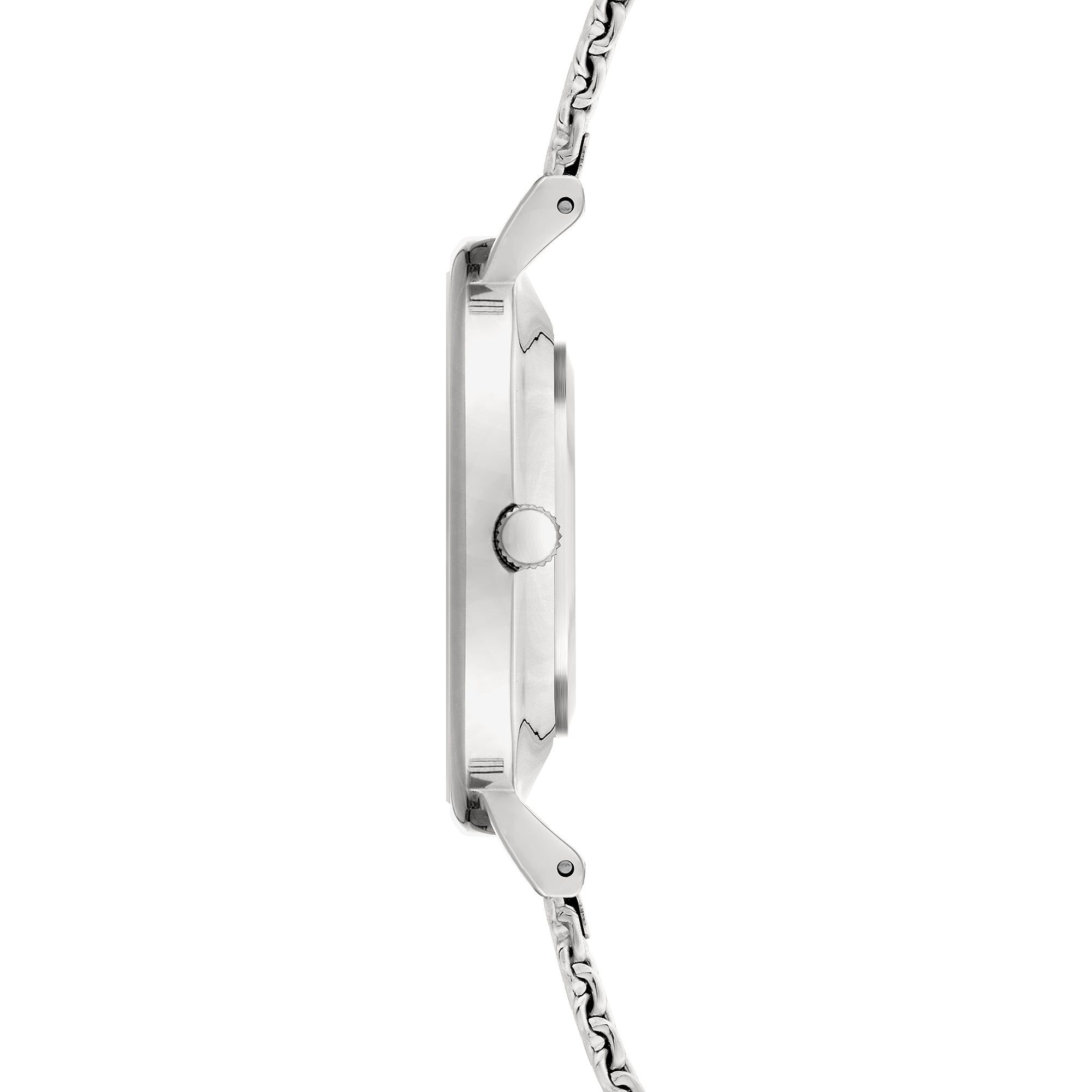 Liebeskind Berlin Armbanduhr mit silbernem Zifferblatt, silbernen Indizes, silbernem Gehäuse und silbernem, glitzerndem Meshband; Seitenansicht