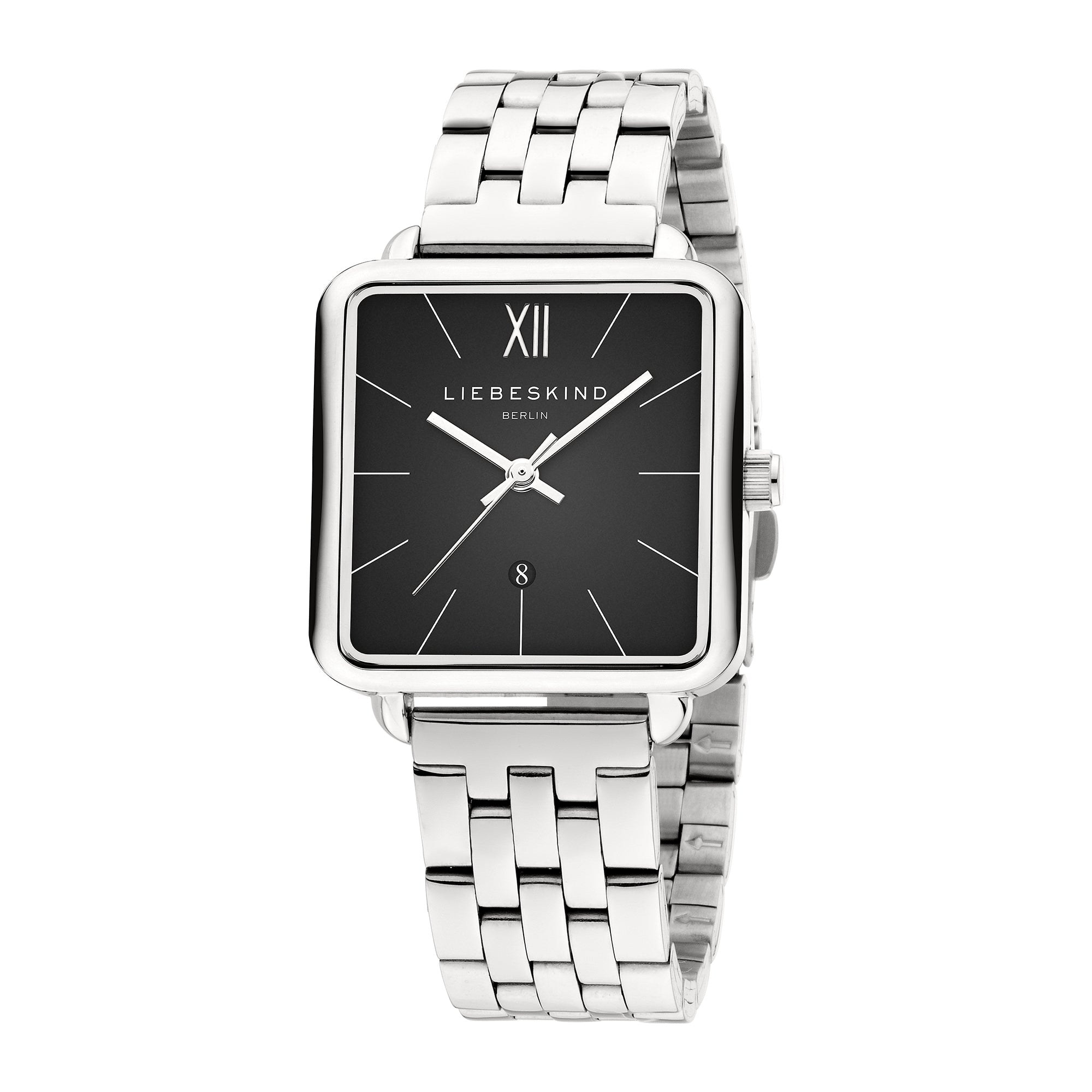 Liebeskind Berlin Armbanduhr im Retro-Look mit schwarzem Zifferblatt, silbernem, quadratischem Gehäuse und silbernem Edelstahlband; Zusatzbild