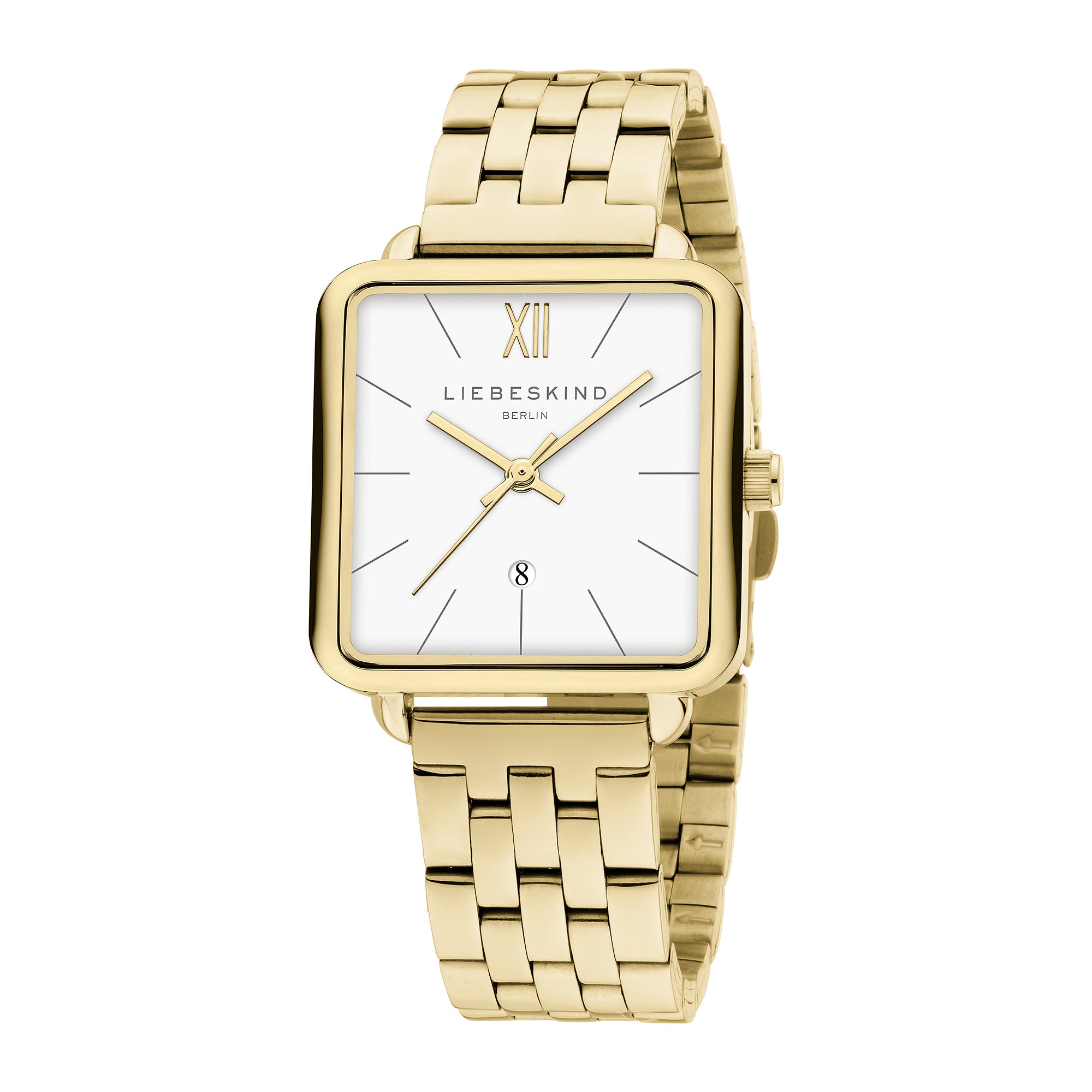Liebeskind Berlin Armbanduhr im Retro-Look mit goldenem, quadratischem Gehäuse und goldenem Edelstahlband; Zusatzbild