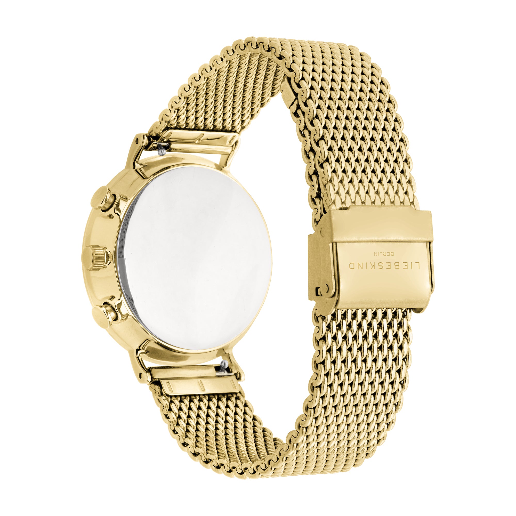 Liebeskind Berlin Armbanduhr mit Multifunktionswerk, goldenen Indizes, goldenem Gehäuse und goldenem Meshband; Rückansicht