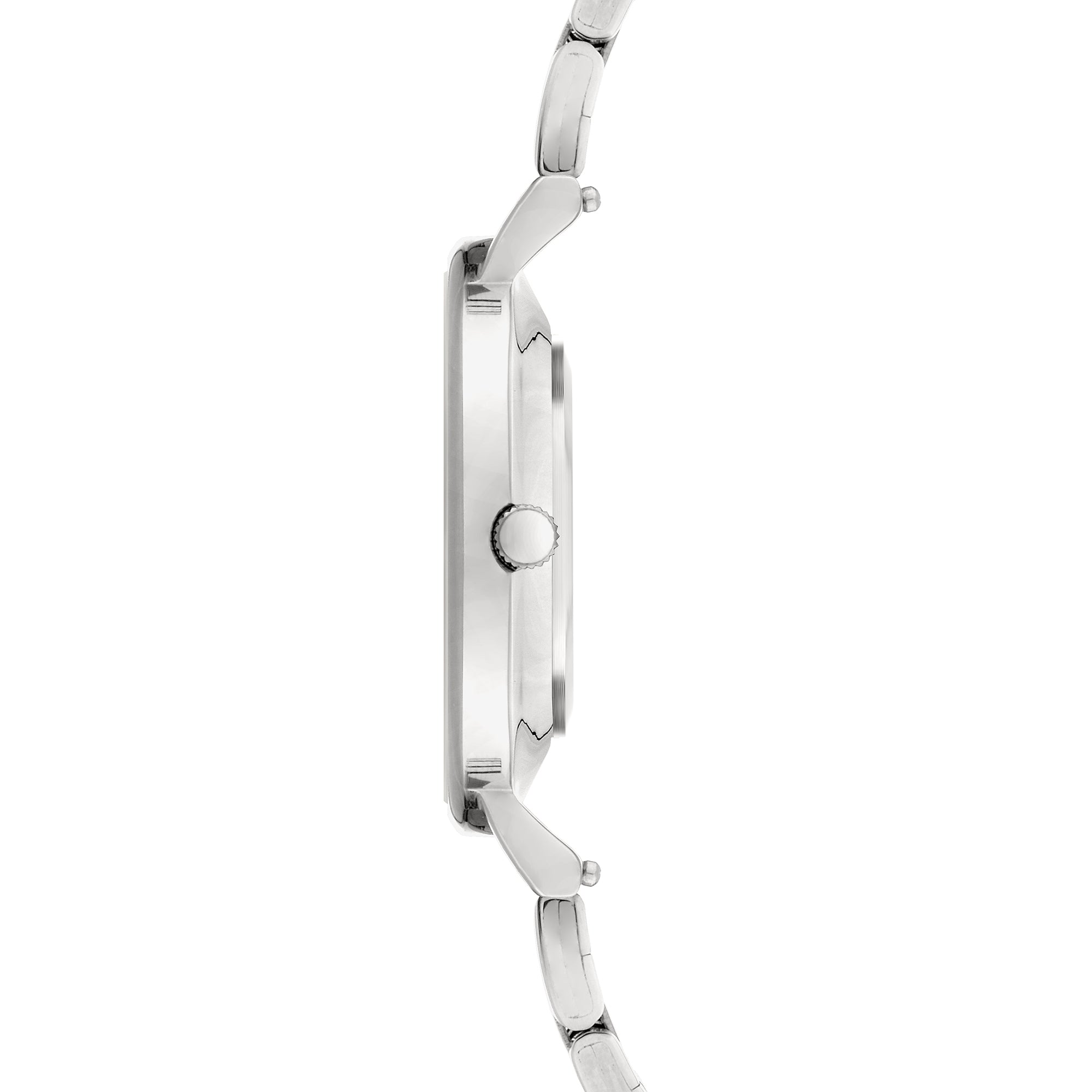 Liebeskind Berlin Armbanduhr mit Datumsanzeige, silbernem Gehäuse und silbernem Edelstahlband; Seitenansicht