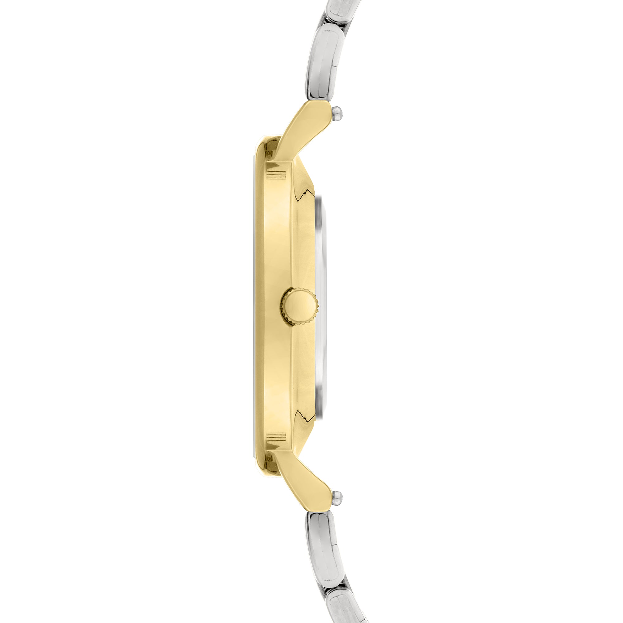 Liebeskind Berlin Armbanduhr mit Datumsanzeige, goldenem Gehäuse und silber-goldenem Edelstahlband; Seitenansicht