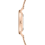 Liebeskind Berlin Armbanduhr mit beigem Zifferblatt, roségoldenem Gehäuse und roségoldenem, glitzerndem Meshband; Seitenansicht