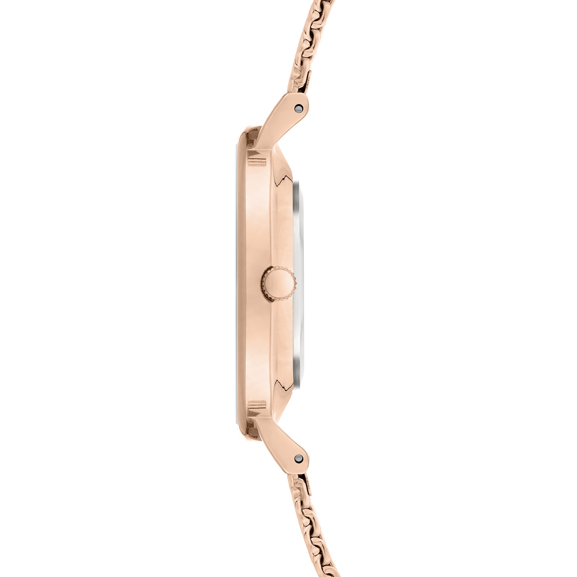 Liebeskind Berlin Armbanduhr mit beigem Zifferblatt, roségoldenem Gehäuse und roségoldenem, glitzerndem Meshband; Seitenansicht