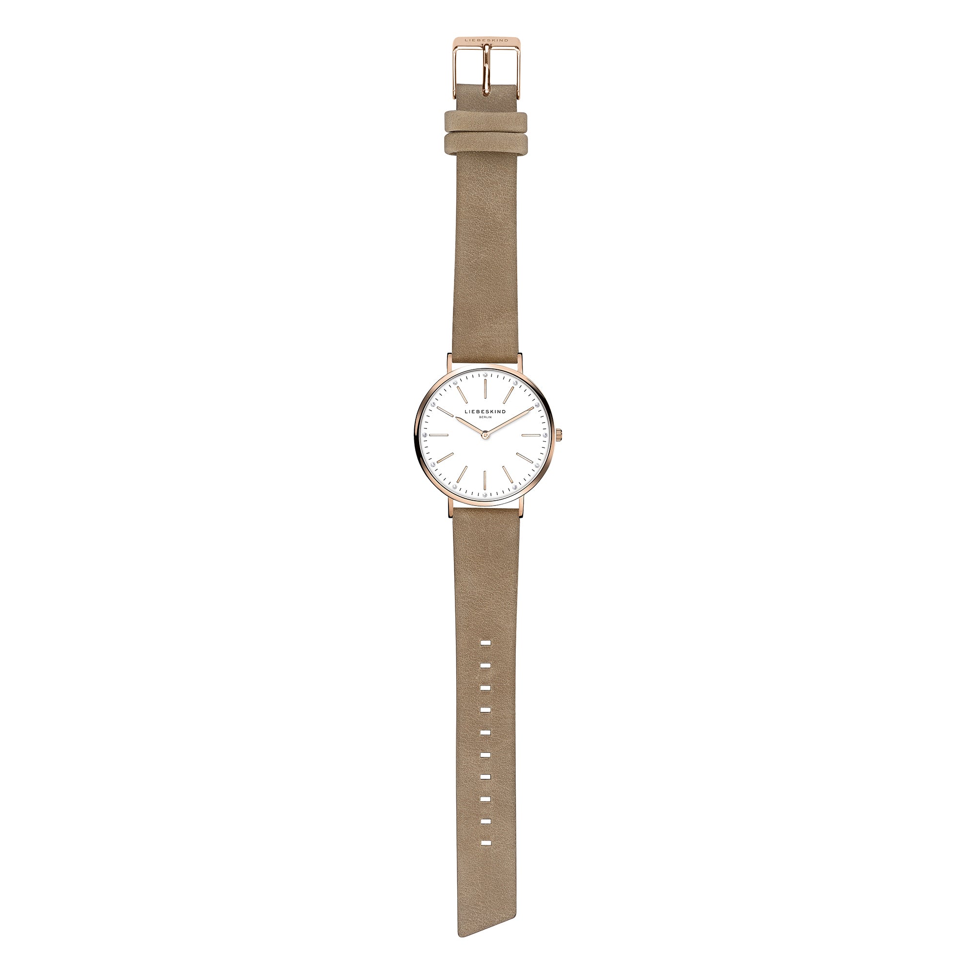 Liebeskind Berlin Armbanduhr mit Zirkoniadetails auf dem Zifferblatt, roségoldenen Indizes, roségoldenem Gehäuse und beigem Lederband; Zusatzbild