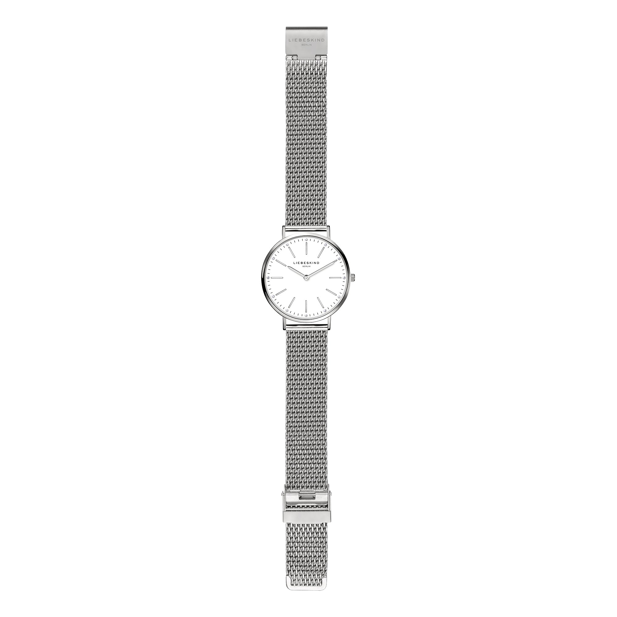 Liebeskind Berlin Armbanduhr mit Zirkoniadetails auf dem Zifferblatt, silbernen Indizes, silbernem Gehäuse und silbernem Meshband; Zusatzbild