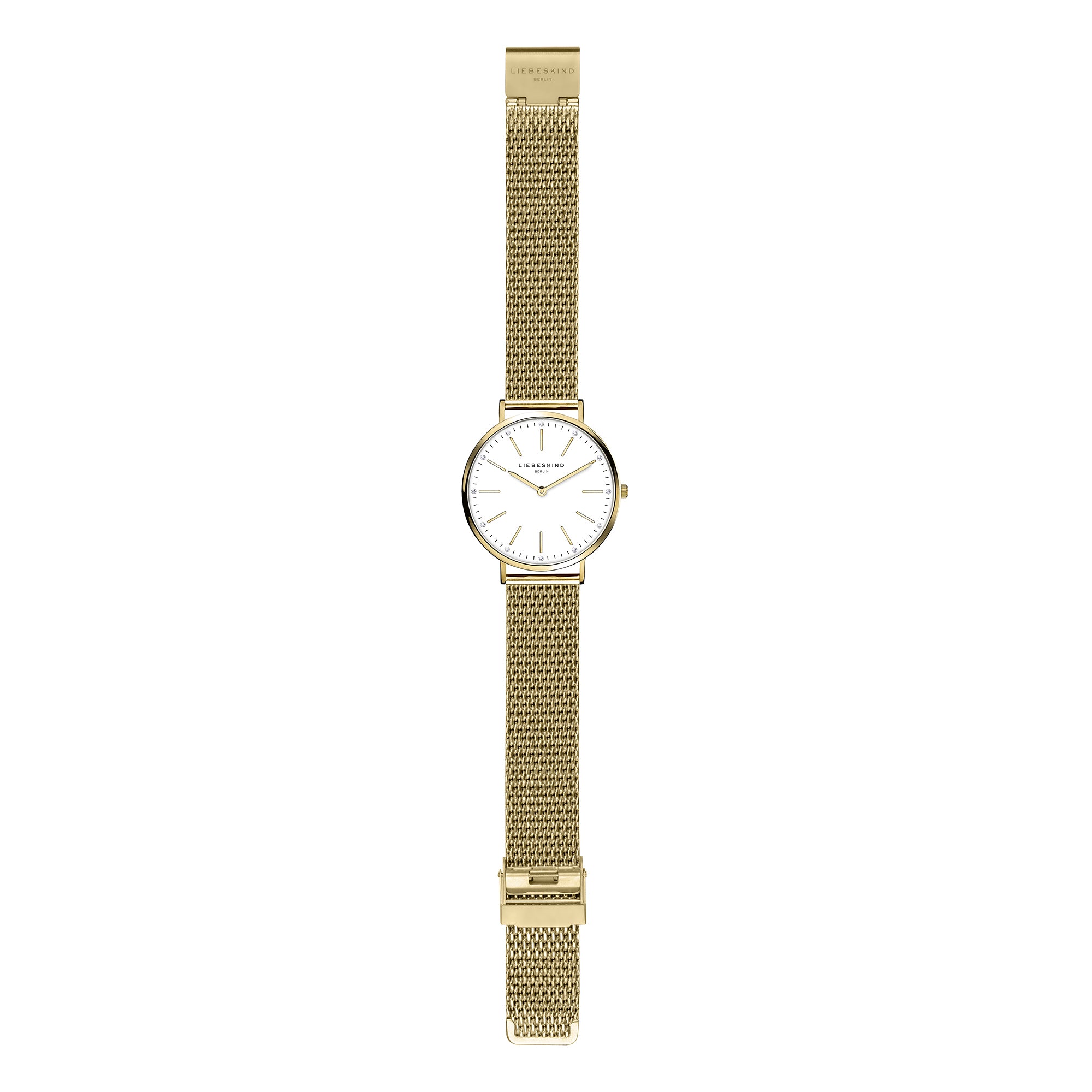 Liebeskind Berlin Armbanduhr mit Zirkoniadetails auf dem Zifferblatt, goldenen Indizes, goldenem Gehäuse und goldenem Meshband; Zusatzbild