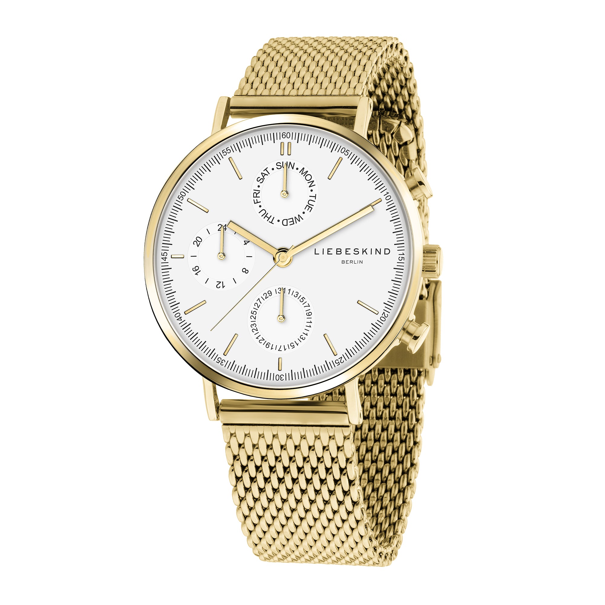 Liebeskind Berlin Armbanduhr mit Multifunktionswerk, goldenen Indizes, goldenem Gehäuse und goldenem Meshband; Produktbild