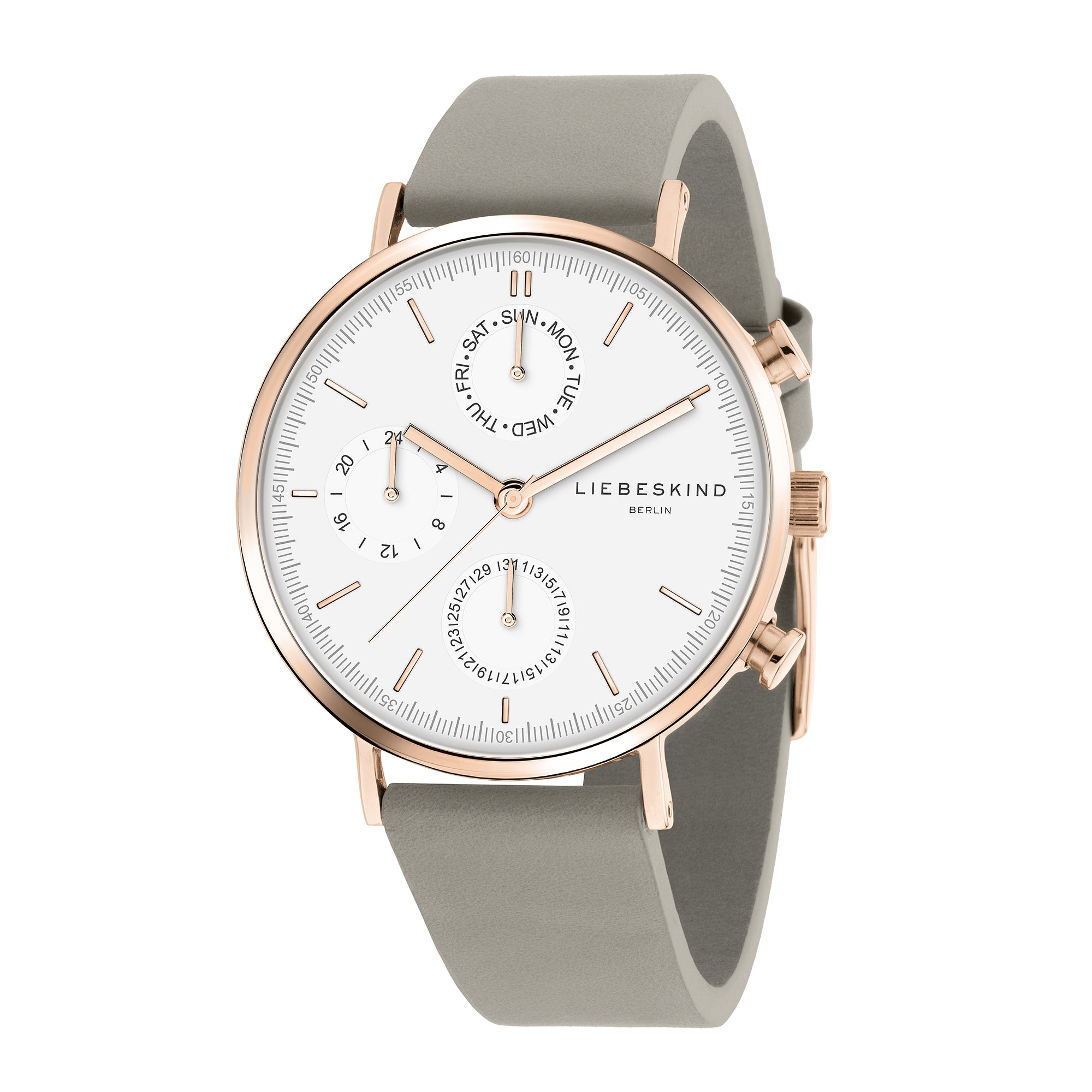 Liebeskind Berlin Armbanduhr mit Multifunktionswerk, roségoldenen Indizes, roségoldenem Gehäuse und grauem Lederband; Produktbild