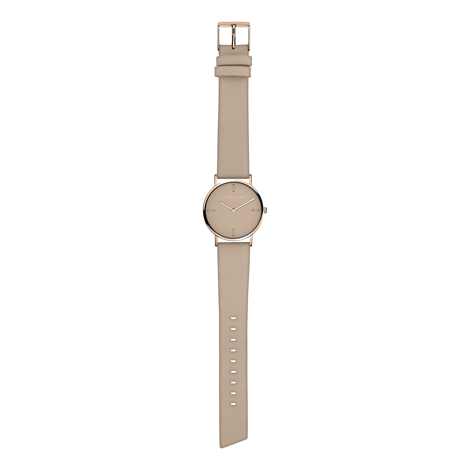 Liebeskind Berlin Armbanduhr mit beigem Zifferblatt aus Leder und vier Nähten als Indizes, roségoldenen Zeigern, roségoldenem Gehäuse und grauem Lederband; Zusatzbild