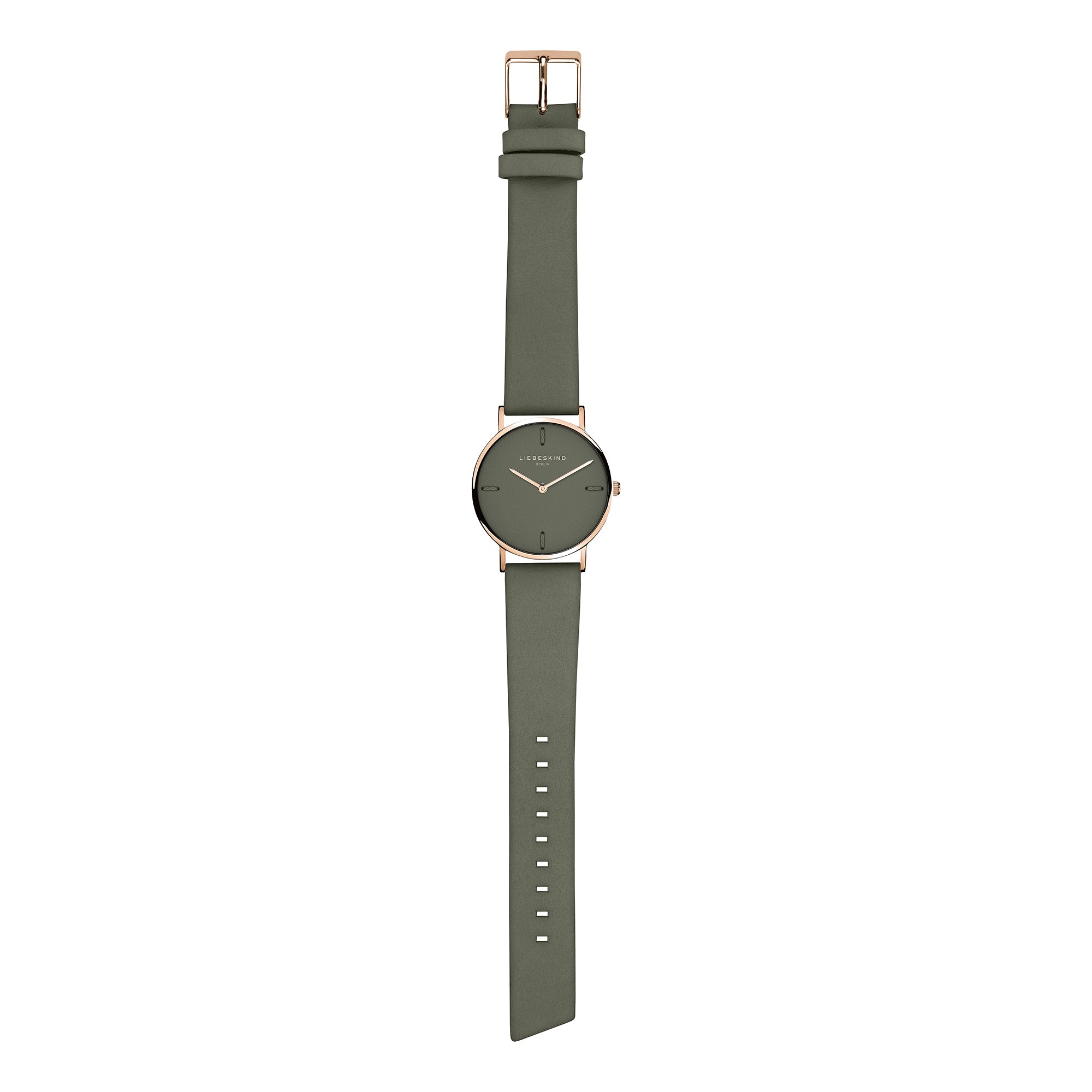 Liebeskind Berlin Armbanduhr mit grauem Zifferblatt aus Leder und vier Nähten als Indizes, roségoldenen Zeigern, roségoldenem Gehäuse und grauem Lederband; Zusatzbild