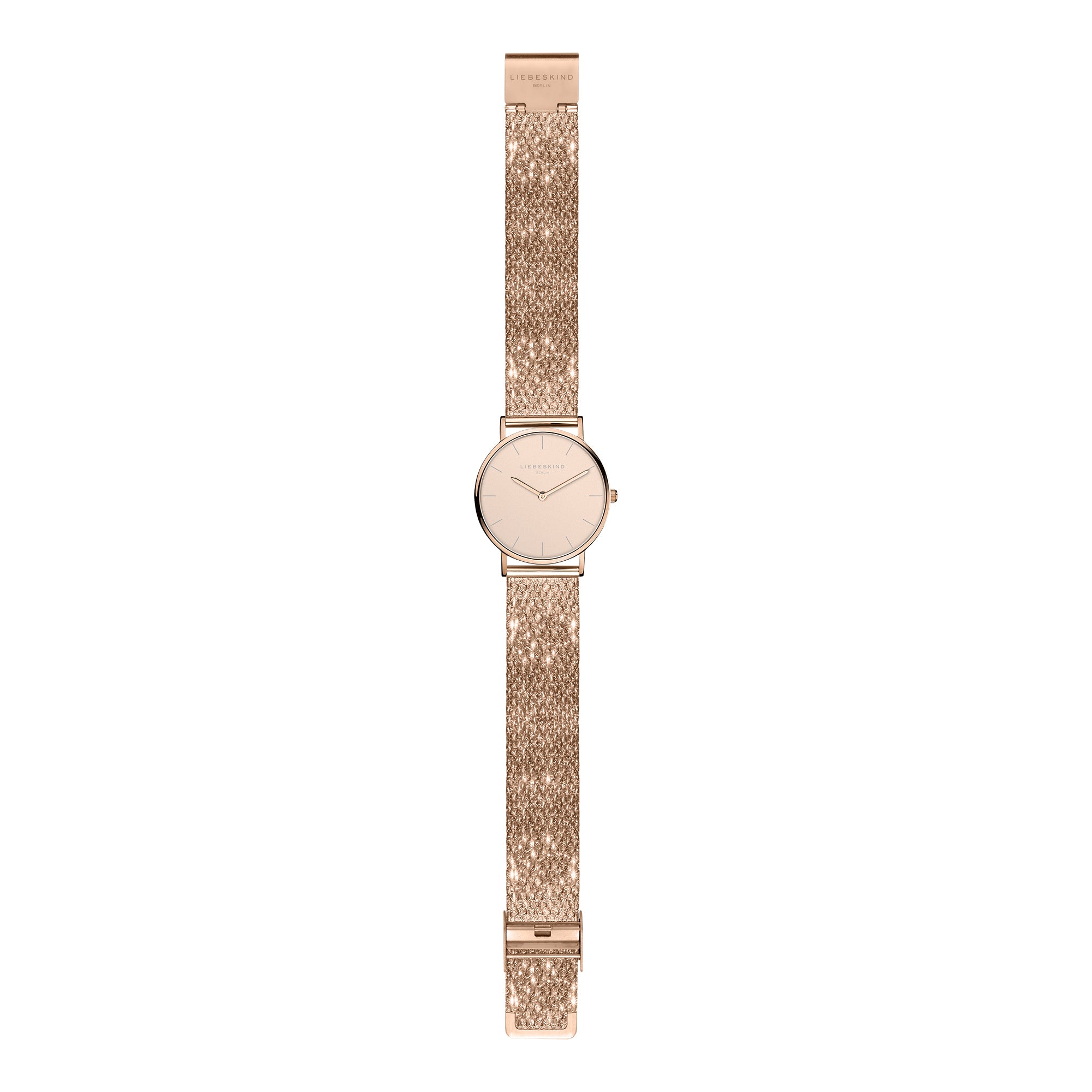 Liebeskind Berlin Armbanduhr mit beigem Zifferblatt, roségoldenem Gehäuse und roségoldenem, glitzerndem Meshband; Zusatzbild