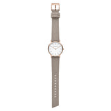 Liebeskind Berlin Armbanduhr im minimalistischen, skandinavischen Design mit roségoldenem Gehäuse und grauem Lederband; Produktbild