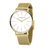 Liebeskind Berlin Armbanduhr mit Zirkoniadetails auf dem Zifferblatt, goldenen Indizes, goldenem Gehäuse und goldenem Meshband; Produktbild