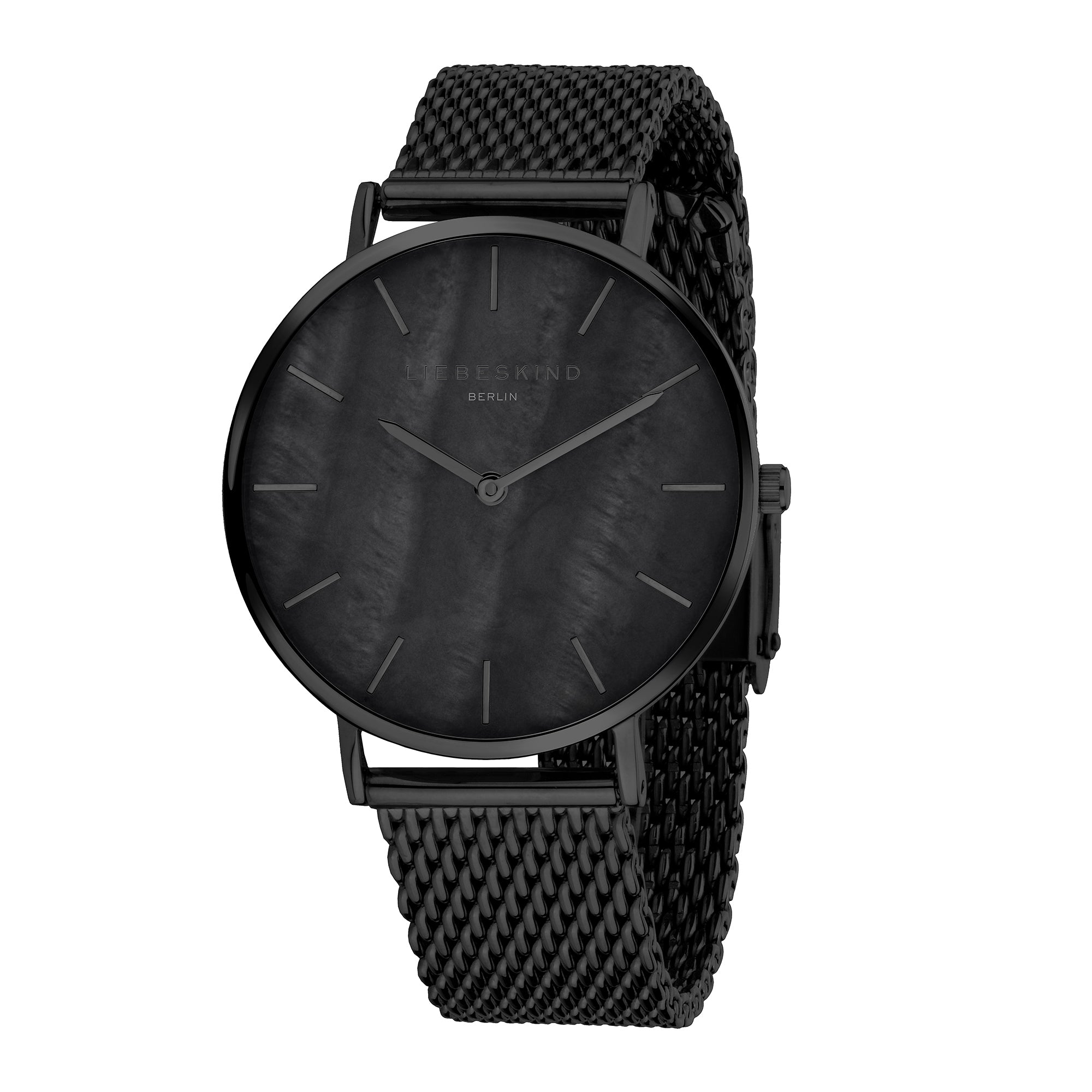 Liebeskind Berlin Armbanduhr mit schwarzem Perlmutt-Zifferblatt, schwarzen Indizes, schwarzem Gehäuse und schwarzem Meshband; Produktbild