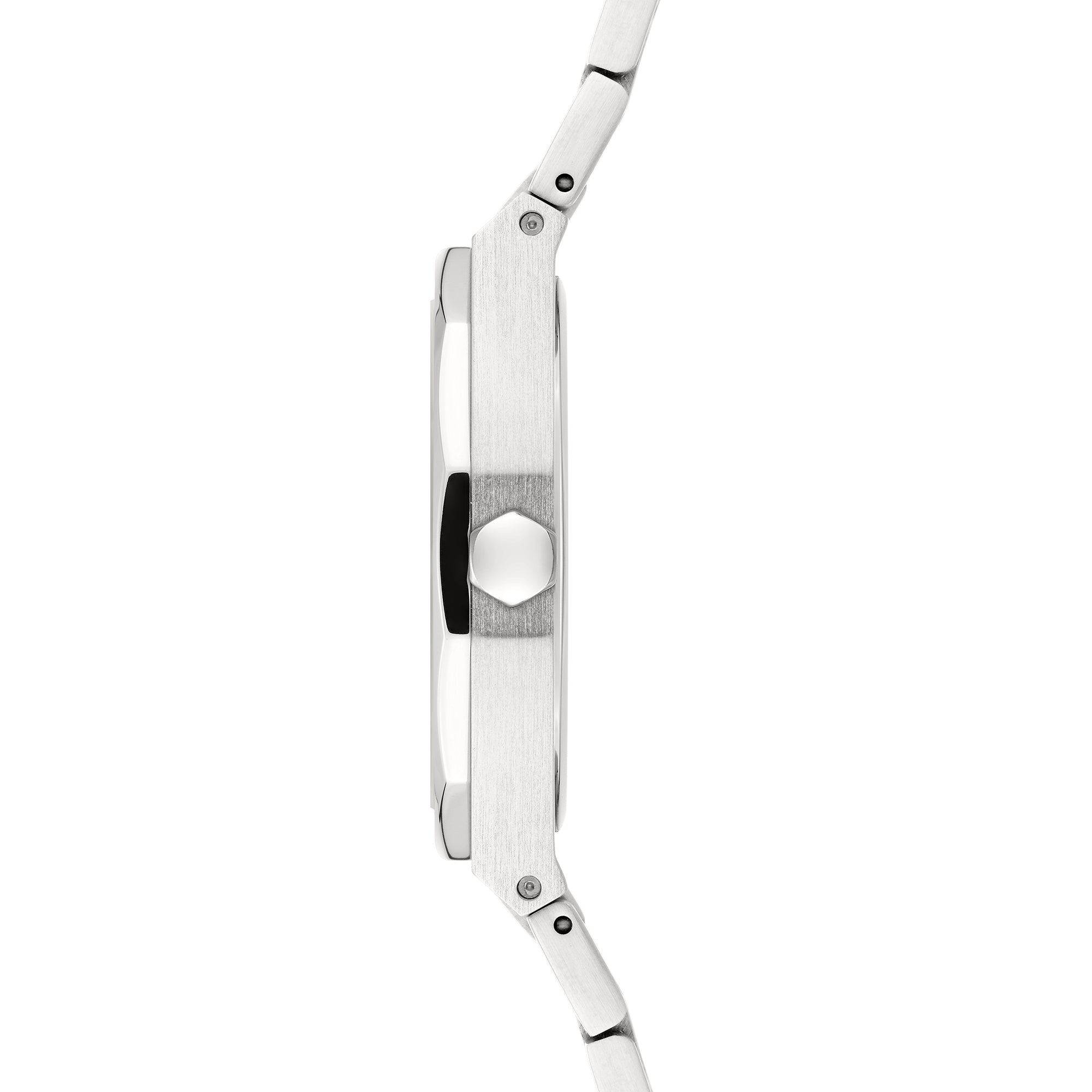 Liebeskind Berin Armbanduhr mit silbernem Zifferblatt, silbernem Gehäuse, silber gebürstetem aufgesetzten Topring und teilmatt-silbernem Edelstahlband Seitenansicht