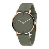 Liebeskind Berlin Armbanduhr mit grauem Zifferblatt aus Leder und vier Nähten als Indizes, roségoldenen Zeigern, roségoldenem Gehäuse und grauem Lederband; Produktbild