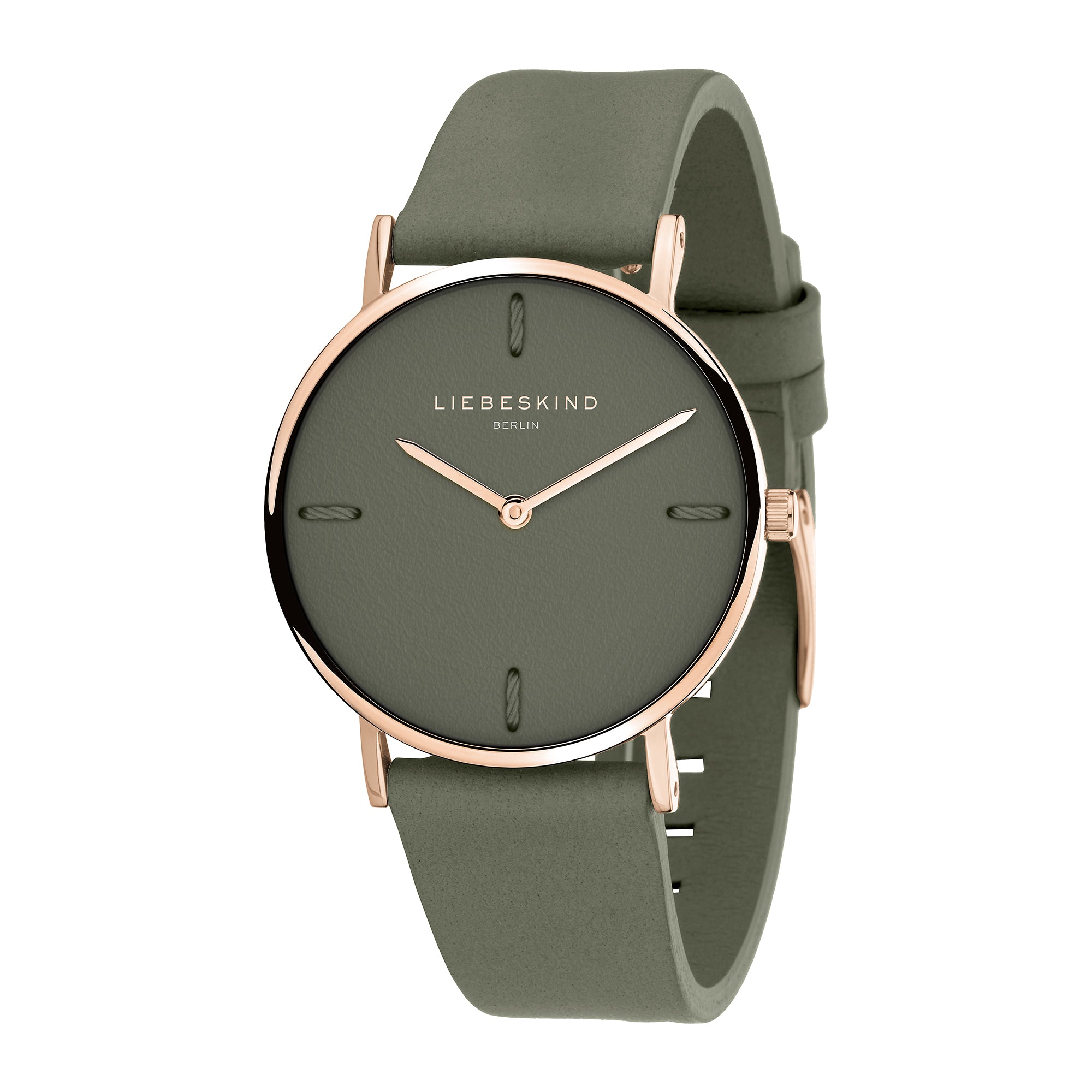 Liebeskind Berlin Armbanduhr mit grauem Zifferblatt aus Leder und vier Nähten als Indizes, roségoldenen Zeigern, roségoldenem Gehäuse und grauem Lederband; Produktbild