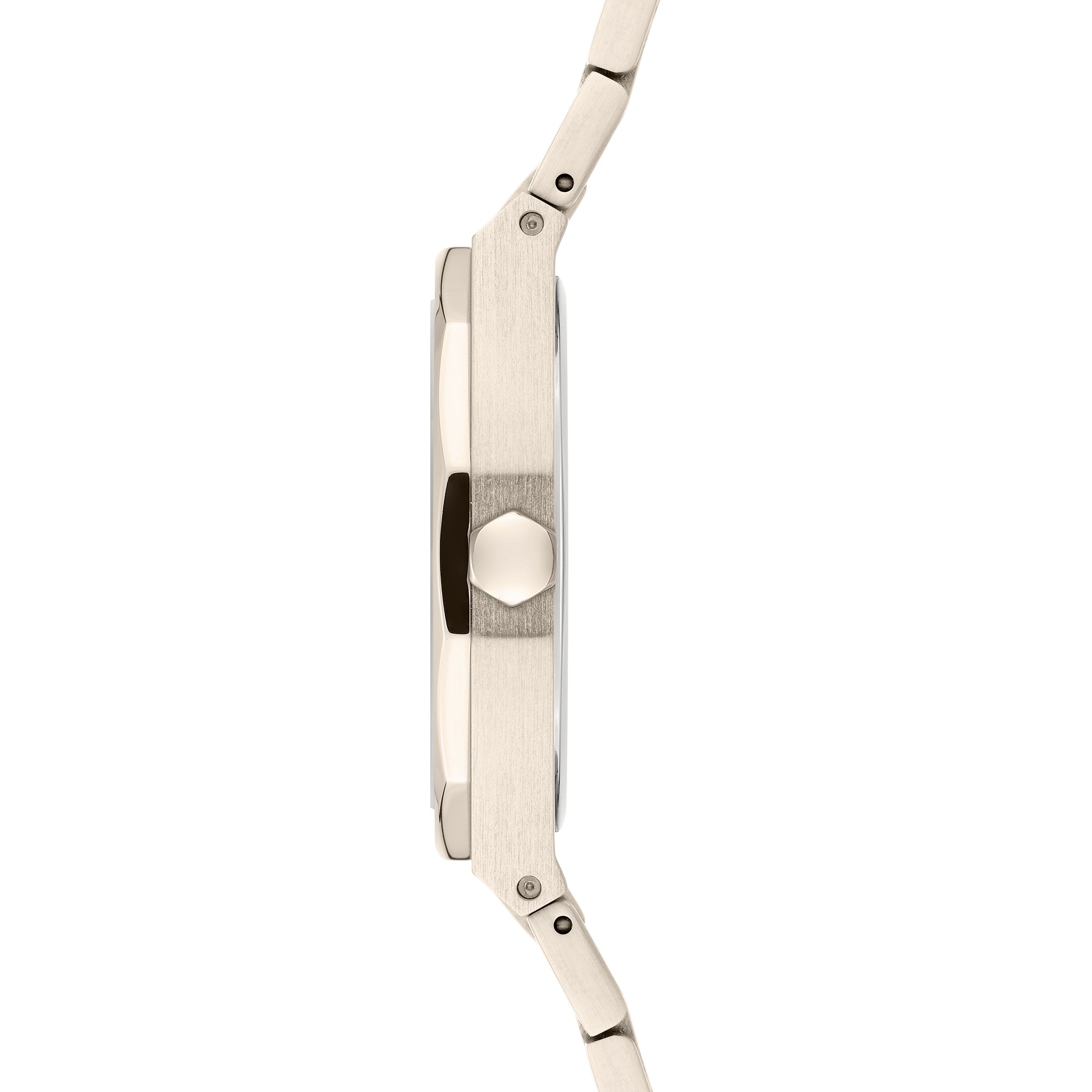 Seitenansicht der LIEBESKIND BERLIN Armbanduhr - The Classic Must-Have von Liebeskind Berlin, mit schlankem Profil, Krone, gebürstetem Metallfinish und schlichtem Silberarmband.