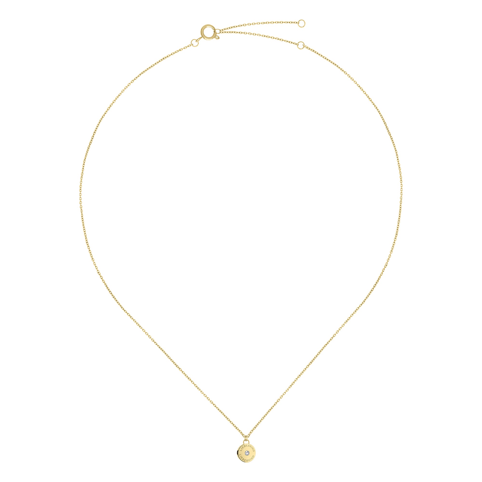 Liebeskind Berlin Halskette bestehend aus einer goldenen Ankerkette und einem goldenem, runden Anhänger mit Logoaufdruck und Zirkoniastein; Zusatzbild