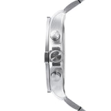 Fynch-Hatton Armbanduhr mit schwarzem Zifferblatt, Chronographenwerk, silbernem Gehäuse mit aufgesetztem Topring und silbernem Gliederband; Seitenansicht