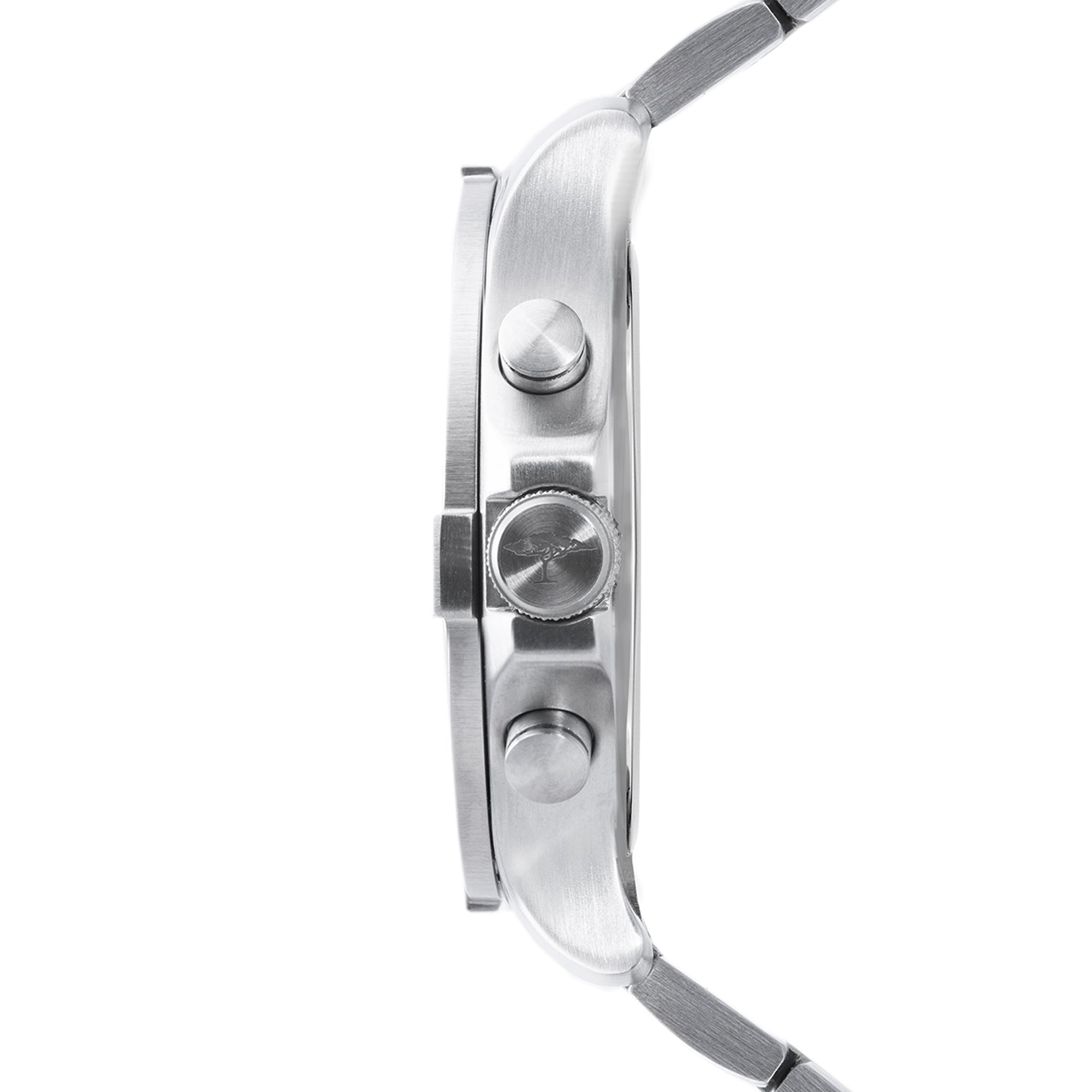 Fynch-Hatton Armbanduhr mit schwarzem Zifferblatt, Chronographenwerk, silbernem Gehäuse mit aufgesetztem Topring und silbernem Gliederband; Seitenansicht