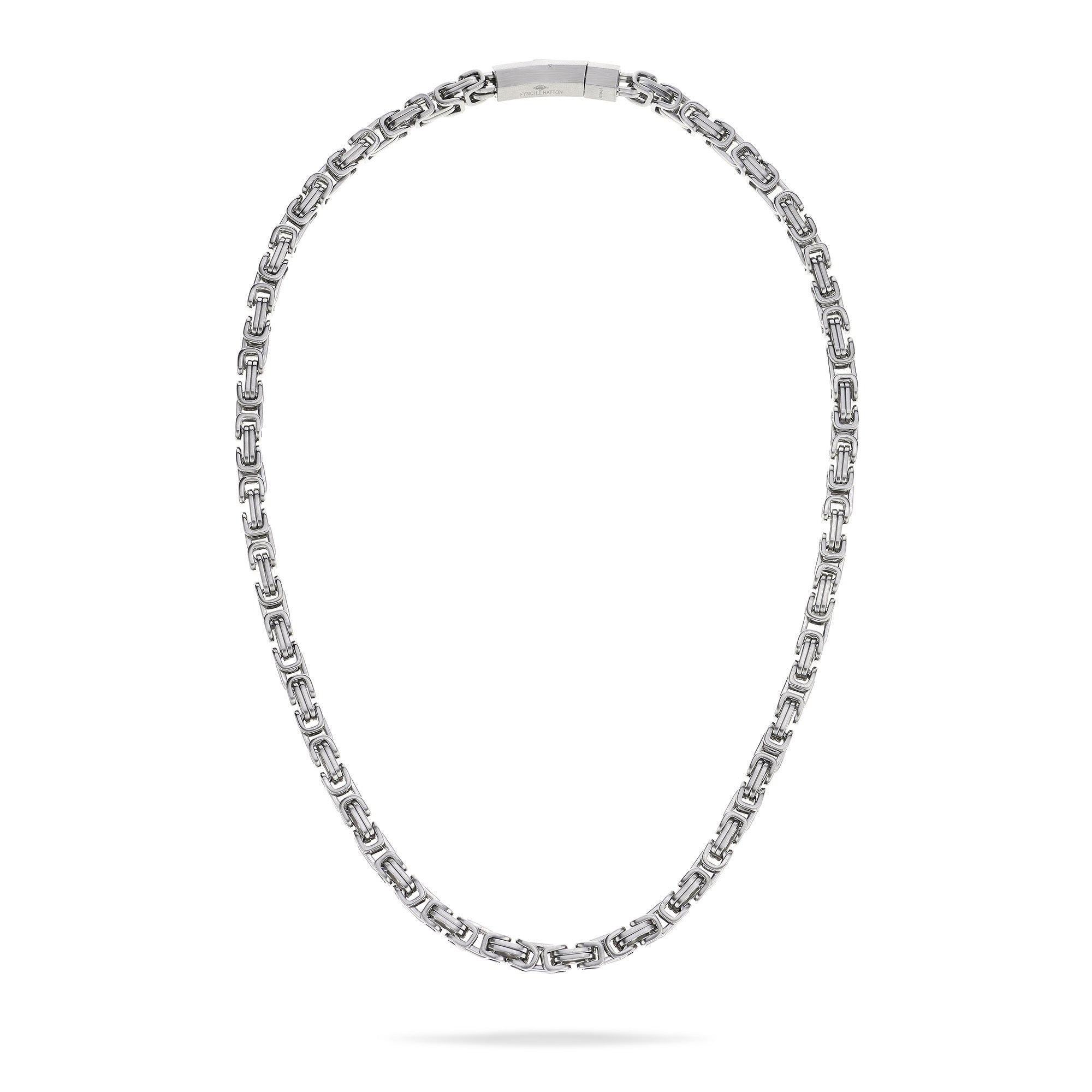 Die Fynch-Hatton Halskette - The King Chain aus Edelstahl mit geometrischem Link-Design präsentiert sich auf weißem Hintergrund.
